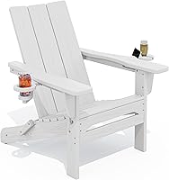 SERWALL Folding Adirondack Chair with Cup Holders & Phone Holder - Weatherproof HDPE Outdoor Patio Fire Pit Chair, White, 330 lbs Capacity
