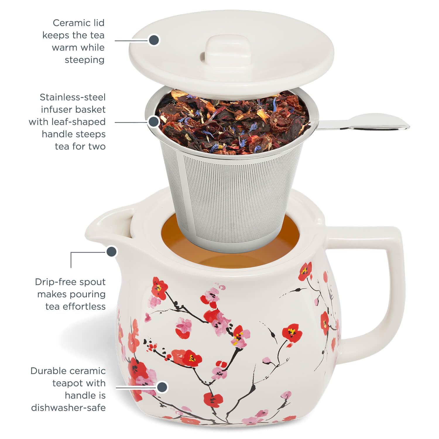 Tea Forte, Fiore Ceramic Teapot with Infuser and Lid, 680 ml, Ceramic Pot for Steeping Loose Leaf Tea, Dishwasher & Microwave Safe (Sakura)