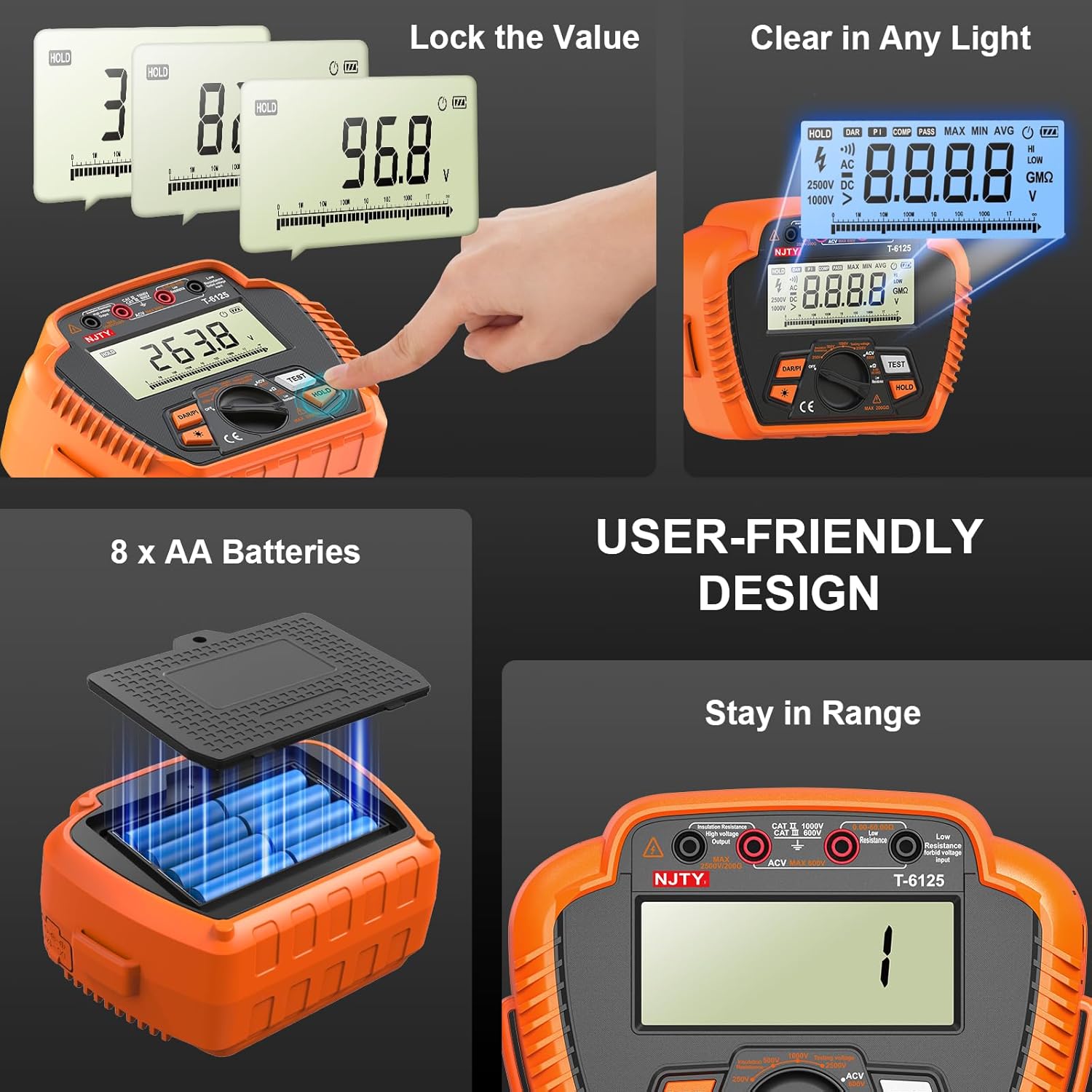 T6125 Digital Insulation Resistance Tester, 2500V Megohmmeter, 0.01MΩ–200GΩ, AC Voltage (10V-600V), Low Resistance (0.01Ω-60Ω), Data Hold, Over-Range Alarm, Auto Shutdown, Backlit LCD