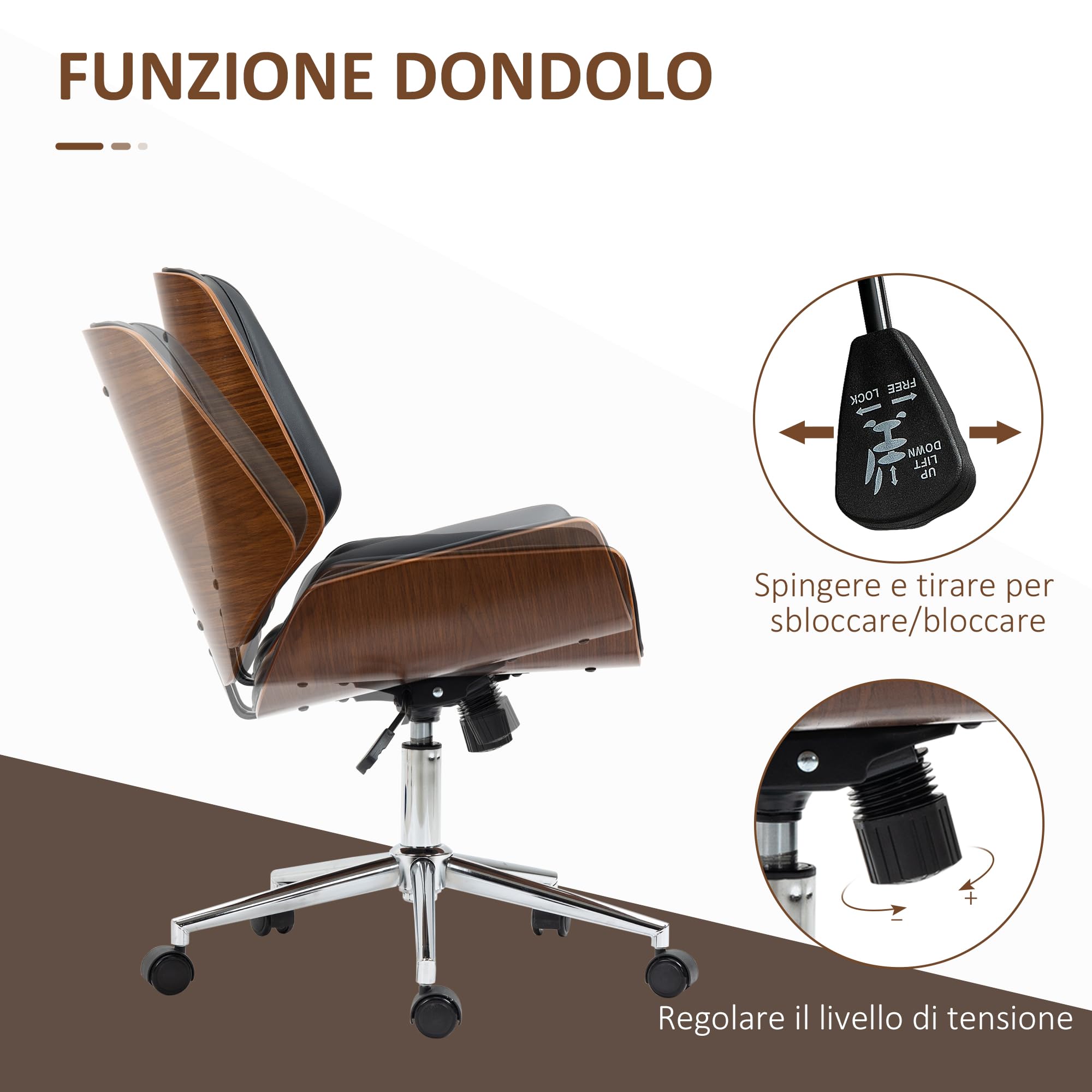 Vinsetto Sedia da Ufficio Senza Braccioli Vintage Nero e Marrone Scuro | Ruote Girevoli, Schienale e Seduta Curva, Sedia da Scrivania Studio, Inclinabile, Altezza Regolabile, in Pelle PU e Legno