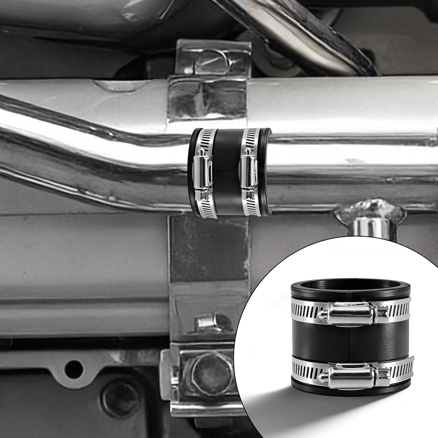 Pack of 2 Flexible Rubber Sleeve/Rubber Coupling - Rubber Pipe Connector with 2 Stainless Steel Clamps for PVC & Polyester Pipe Connections, Noise-Reducing Rubber Sleeve for Caravan, Sanitary