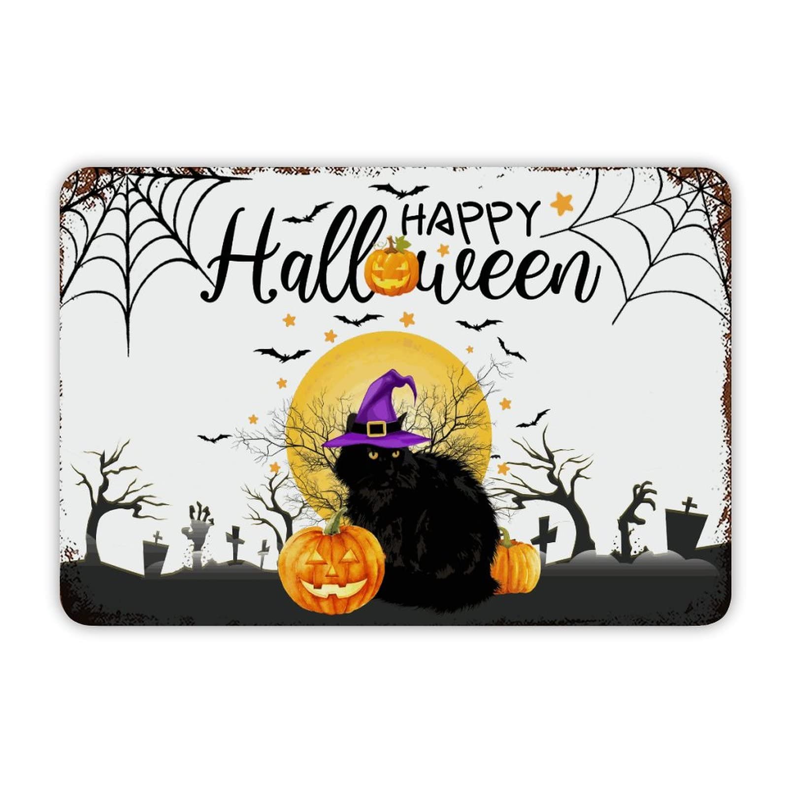 ENEDNATE Happy Halloween Witch Hat Cat Pumpkin Vintage Man Cave Metal Sign 8x12 Inch Decorative Aluminum Tin Sign for Indoor Outdoor Kitchen Bar Restaurant Cafe Pub Wall Art Decor Hanging Poster