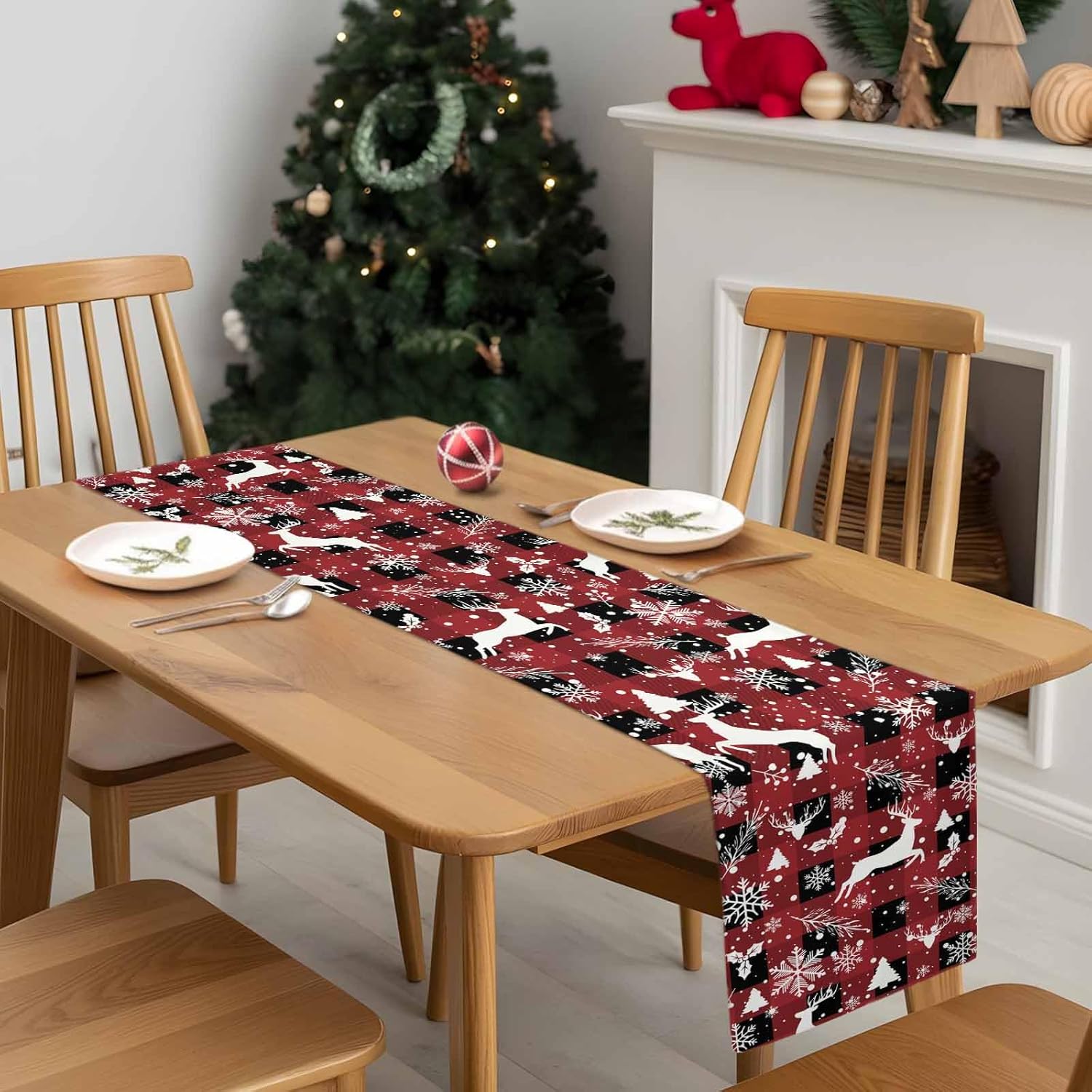 Christmas Table Runner Reindeer Snowflake Table Runners Dresser Scarves Pine Trees Red Buffalo Check Plaid Table Decor Seasonal Kitchen Dining Table Decoration for Home Holiday Decor 13x120 Inch