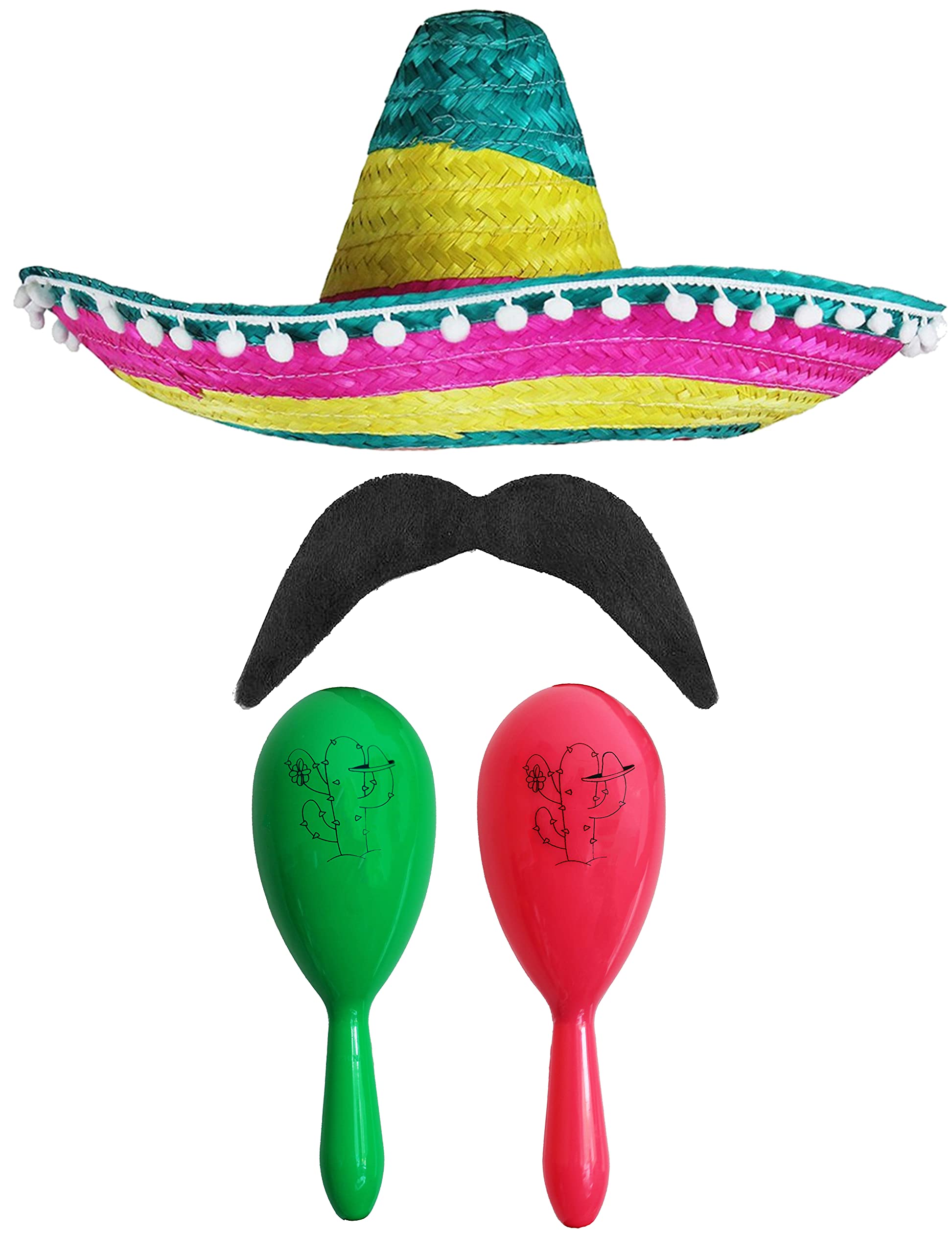 Adults Mexican Accessory Set - Multicoloured Sombrero, Green & Pink Maracas, Moustache - Cinco de Mayo Sensorita Bandit Mariachi Fancy Dress Costume Accessory Set — image 1