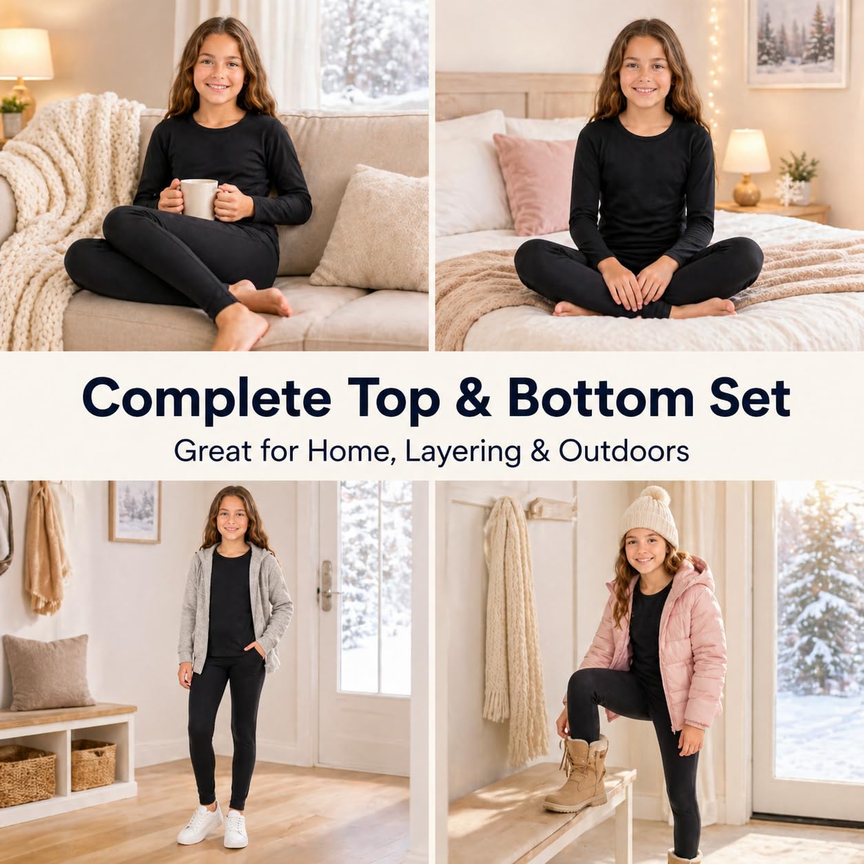 Conjunto de Ropa Interior Térmica para Niña Camiseta y Pantalón con Forro Polar, Pijama Cálido de Invierno, Capa Base Elástica Infantil (Negro, L)