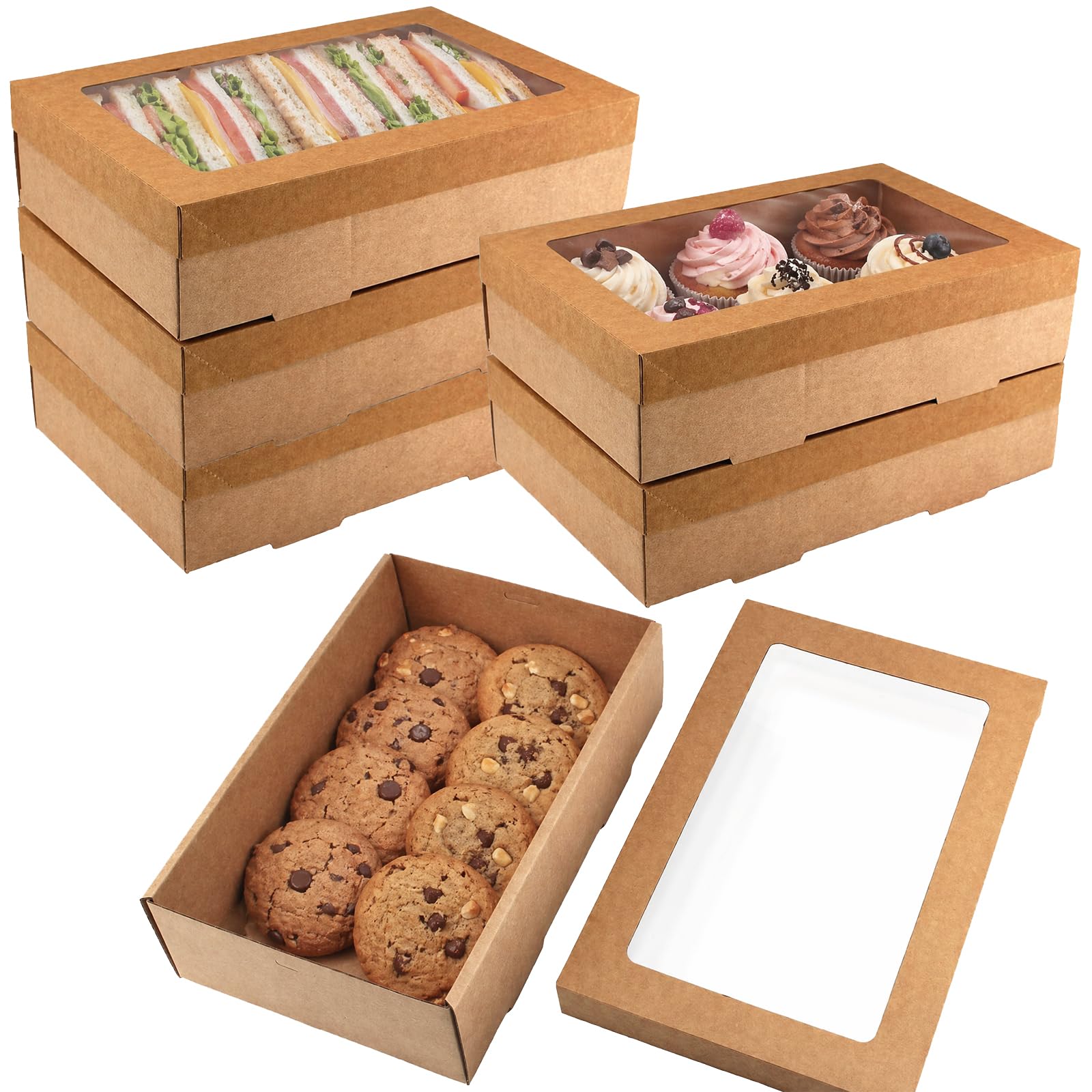 XMSHYODSM Kraft Bakery Boxes with Window, 6 Pieces Large Cookie Box, 30 x 20 x 8 CM Empty Gift Packing Boxes Kraft Cookie Box Large Krafts Paper Bakery Boxs for Cupcake Candy Desserts Muffins Pastry
