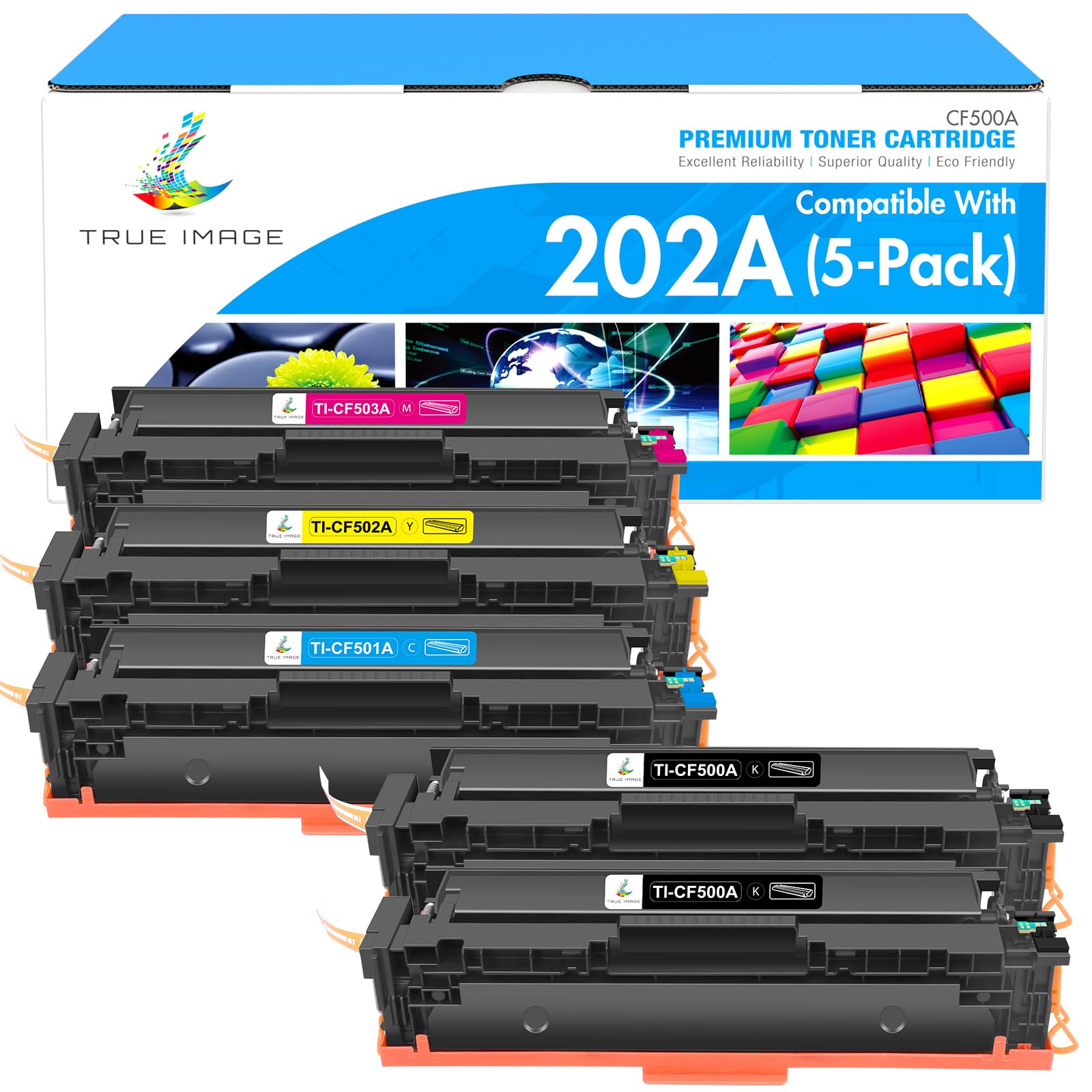 True Image Compatible Toner Cartridge Replacement for HP 202A CF500A CF501A CF502A CF503A Color LaserJet Pro MFP M281fdw M281cdw M281fdn M254dw M254dn M254nw M280nw (Black Cyan Yellow Magenta, 5-Pack)