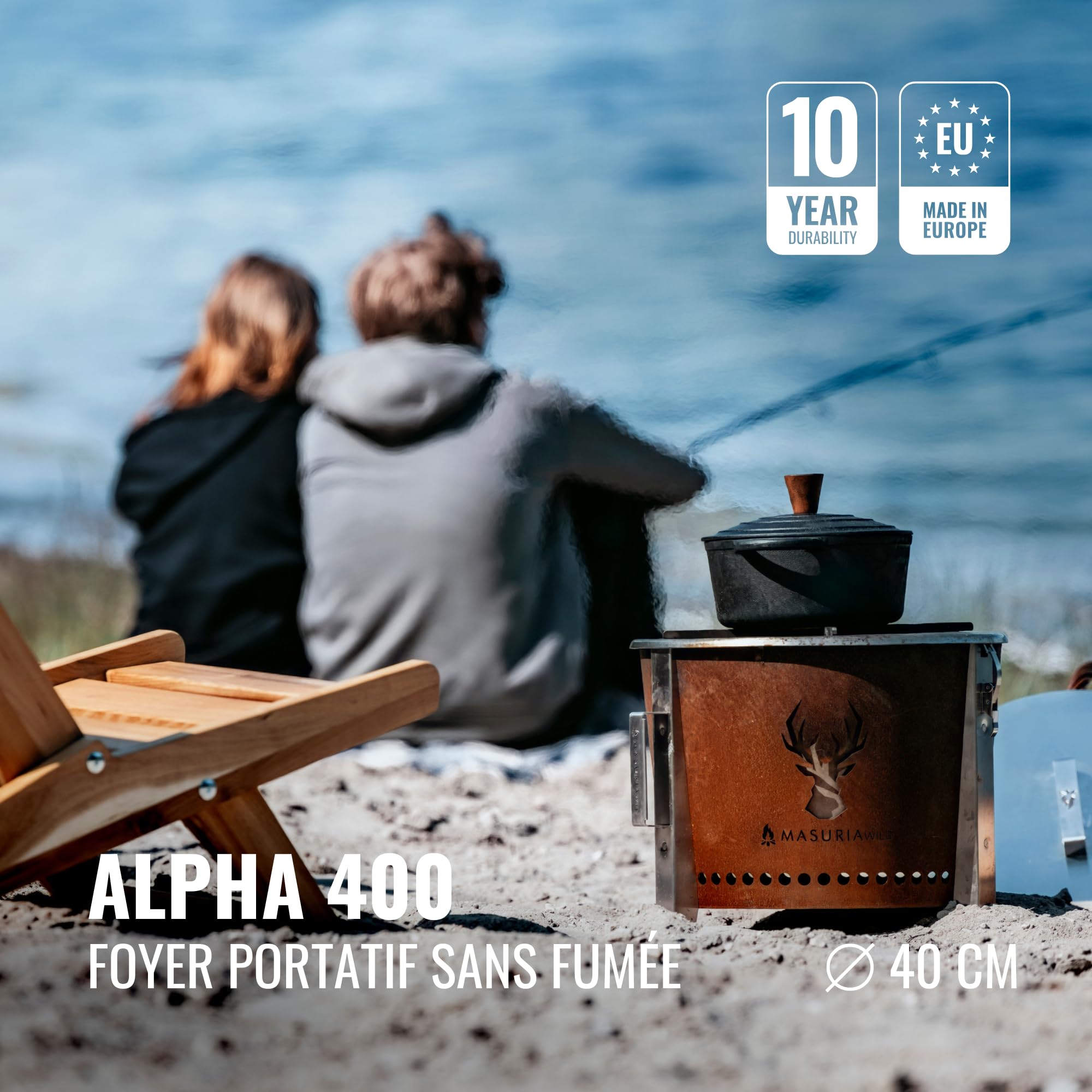 Masuria Brasero sans fumée 39cm Alpha 400 - Brasero extérieur Portable pour Camping, terrasse et Jardin en Acier INOX et corten - Fabriqué en UE - Jusqu’à 95% de fumée en Moins - Pieds réglables