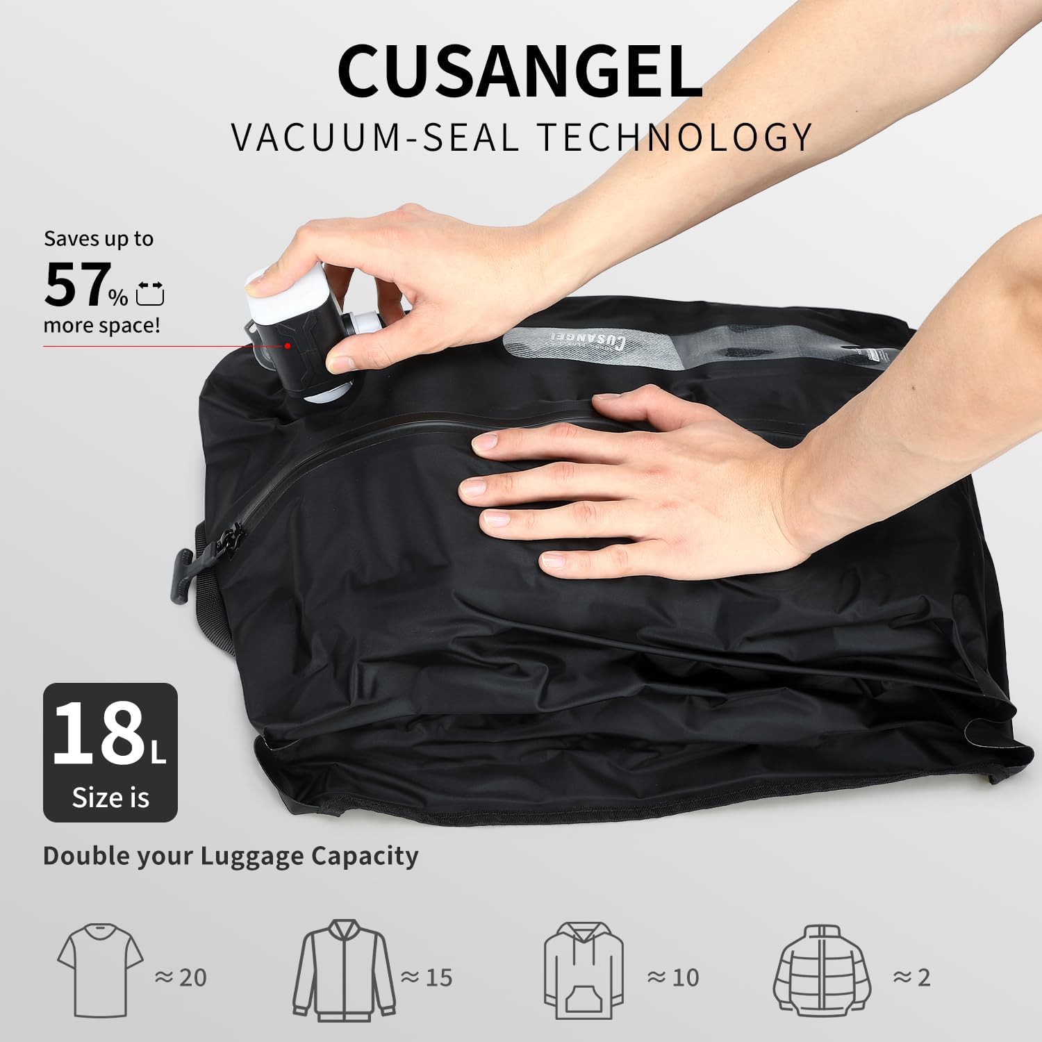 Cusangel travel vacuum bags with pump,18L with Pump Included,Vacuum Sealed bag for Luggage and Backpacks (External pump bags 2pack)