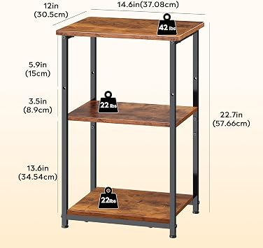 WLIVE 3-Tier Small Table, Adjustable Tall Side Table, Rustic Brown | 3-Tier Storage, Adjustable Shelf, Steel Frame, 19kg Top Shelf, Small End Table for Living Room/Bedroom/Home Office