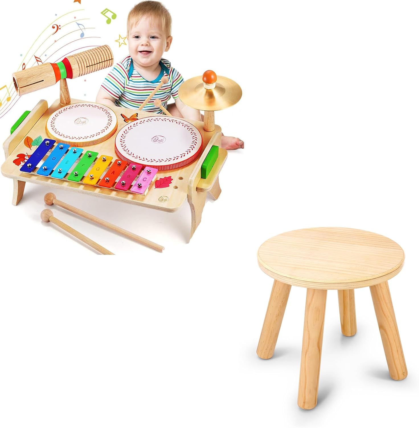 Wingyz Kids Drum Set for Toddlers + 1Pack Wooden Step Stools for Kids