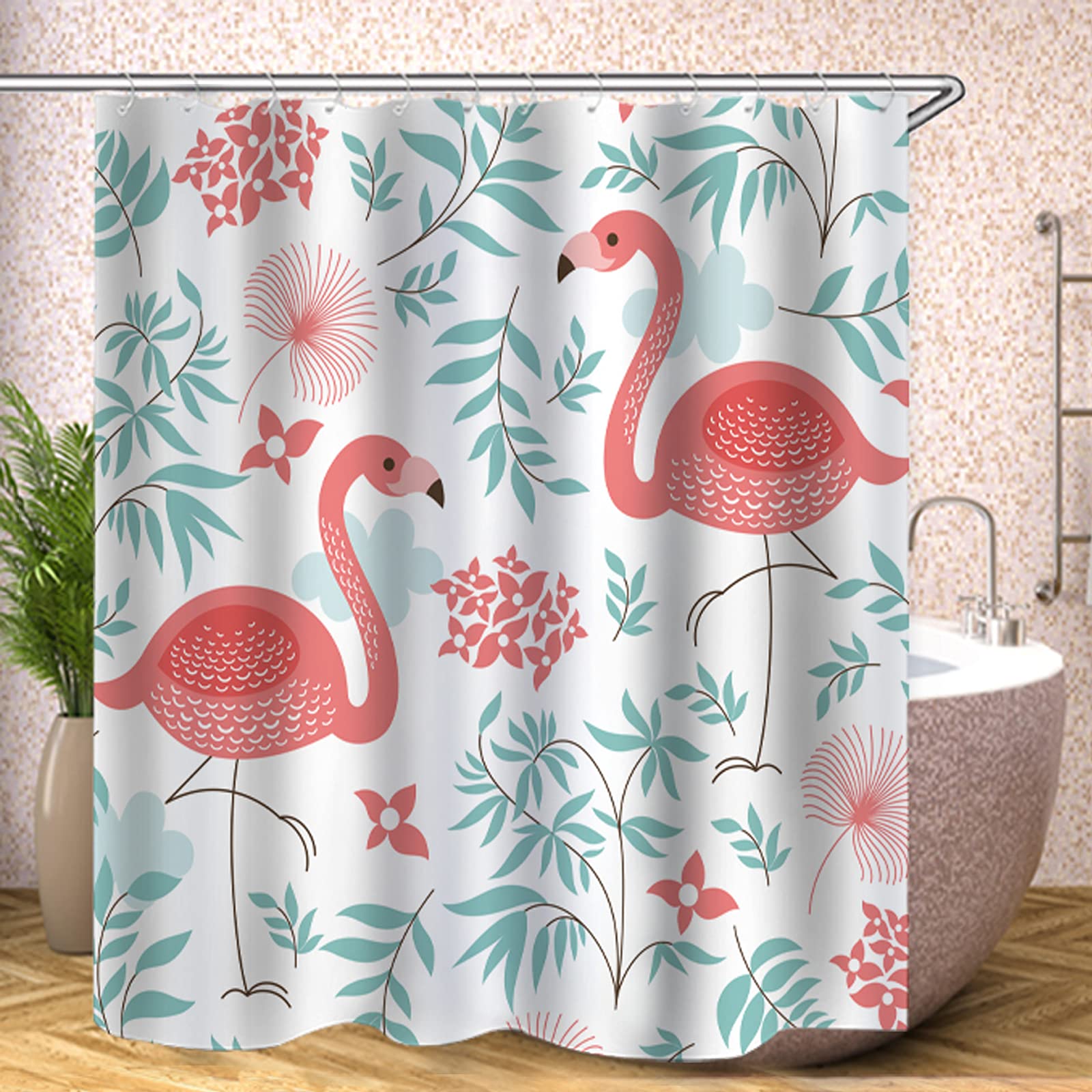Tenda Doccia In Tessuto Con Fenicotteri | 120x200 Cm | Impermeabile E Antimuffa In Microfibra | Set Con 12 Ganci