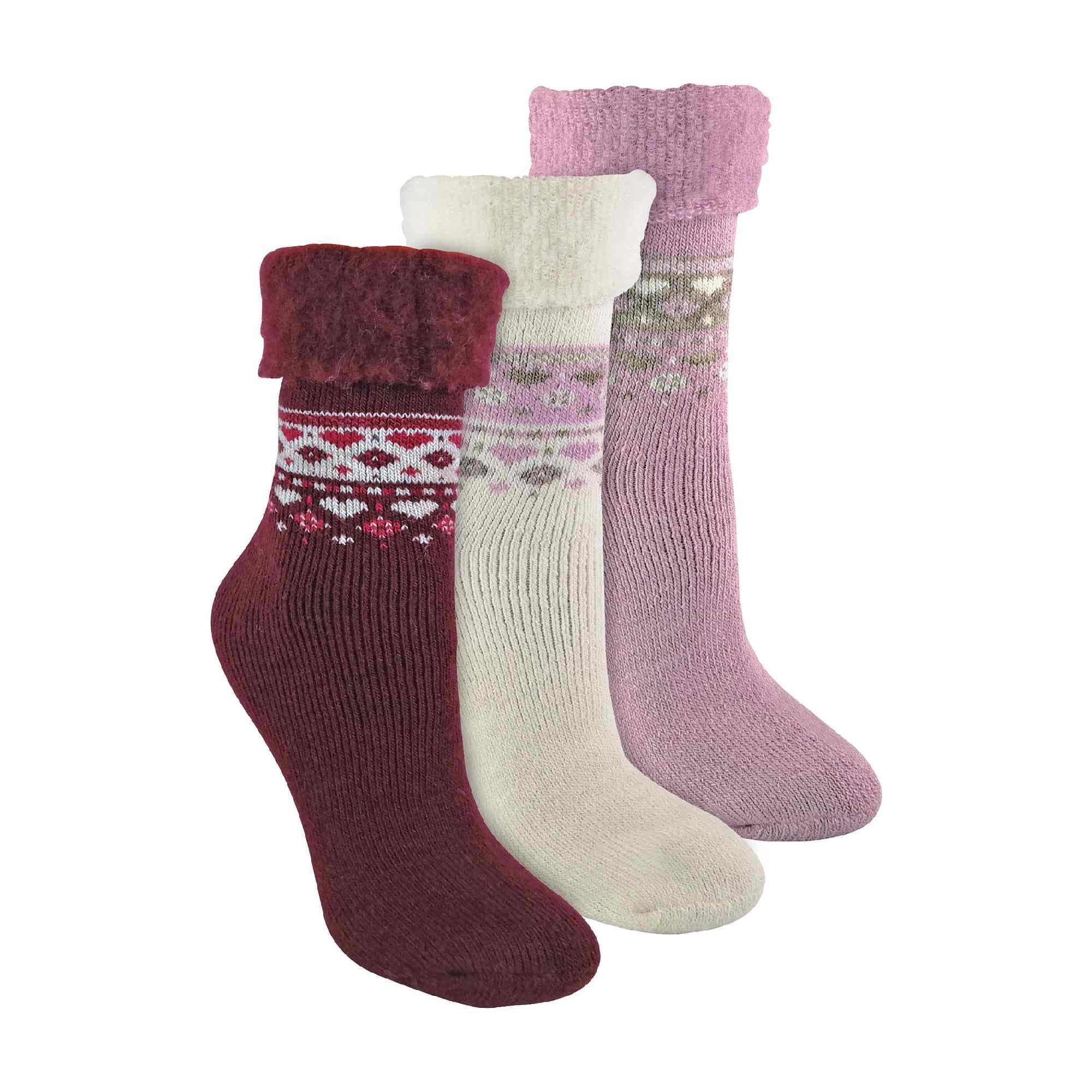 Sock Snob Women's Deep Fuchsia / Pink / Cream 3 Pack Turnover Top Wool Bed Socks For Winter Warm Soft Fluffy Nordic Design Lounge Bed Socks For