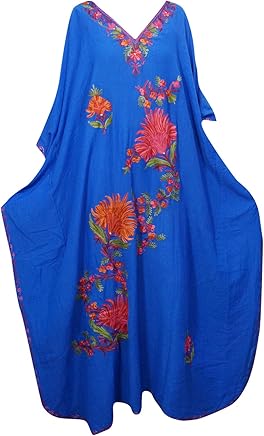 Mogul Interior Women Kaftan Maxi Dress Blue Embellished Resort Wear Caftan One Size