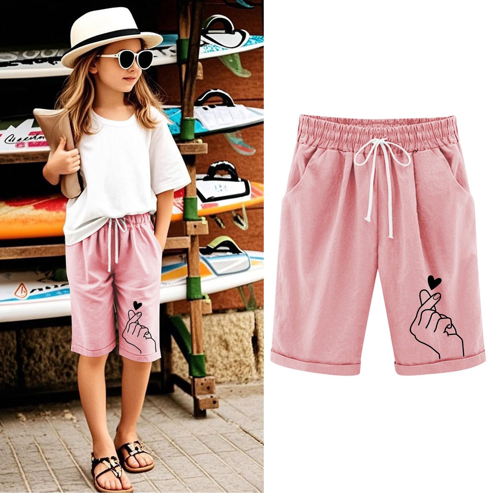 Generisch Leinenhose Kurze Mädchen Leicht Shorts Sommer Freizeit Hose Baumwolle Leinen Strandshorts Elastische Taille Sommerhose Elegant Einfarbig Stoffhose mit Taschen Sweatshorts