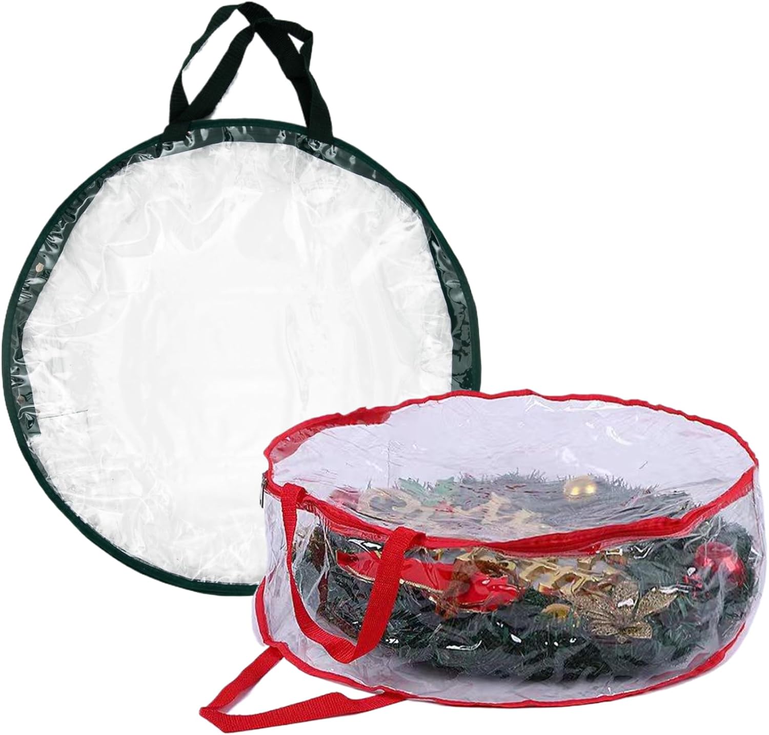 2pcs Wreath Storage Container Round Christmas Wreath Storage Bag Clear Wreath Bag Dual Zipper and Handles Christmas Storage Containers Wreath Holder (Green+Red) 30x8
