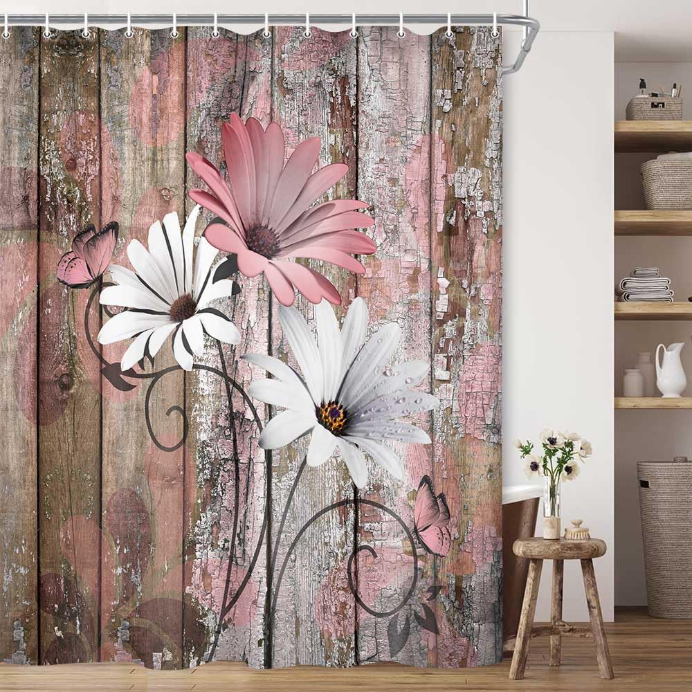 JAWO Farmhouse Flower Floral Shower Curtain, Rustic Pink Daisy Shower Curtain Set, Country Pink Wild Garden Plant Fabric Shower Curtain with Hooks,