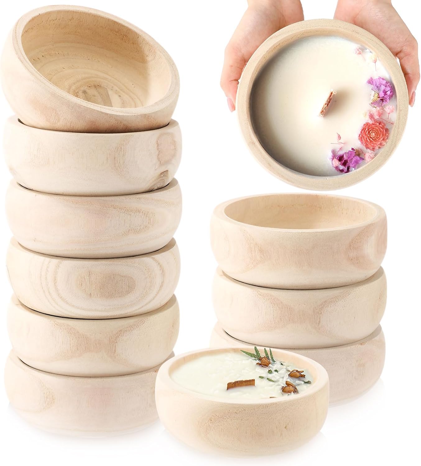 10 Pcs Wooden Dough Bowl for Candle 6" x 2" Paulownia Wood Round Candle Bowl Hand Carved Decorative Serving Tray Rustic Home Decoration for Kitchen Wedding DIY Crafts Farmhouse(Dark Color)
