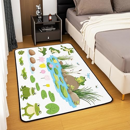 Miniatura 4 de Alfombra de área de rana de 5 x 7 pies, bonita alfombra familiar de ranas de dibujos animados para sala de estar, dormitorio, decoración temática