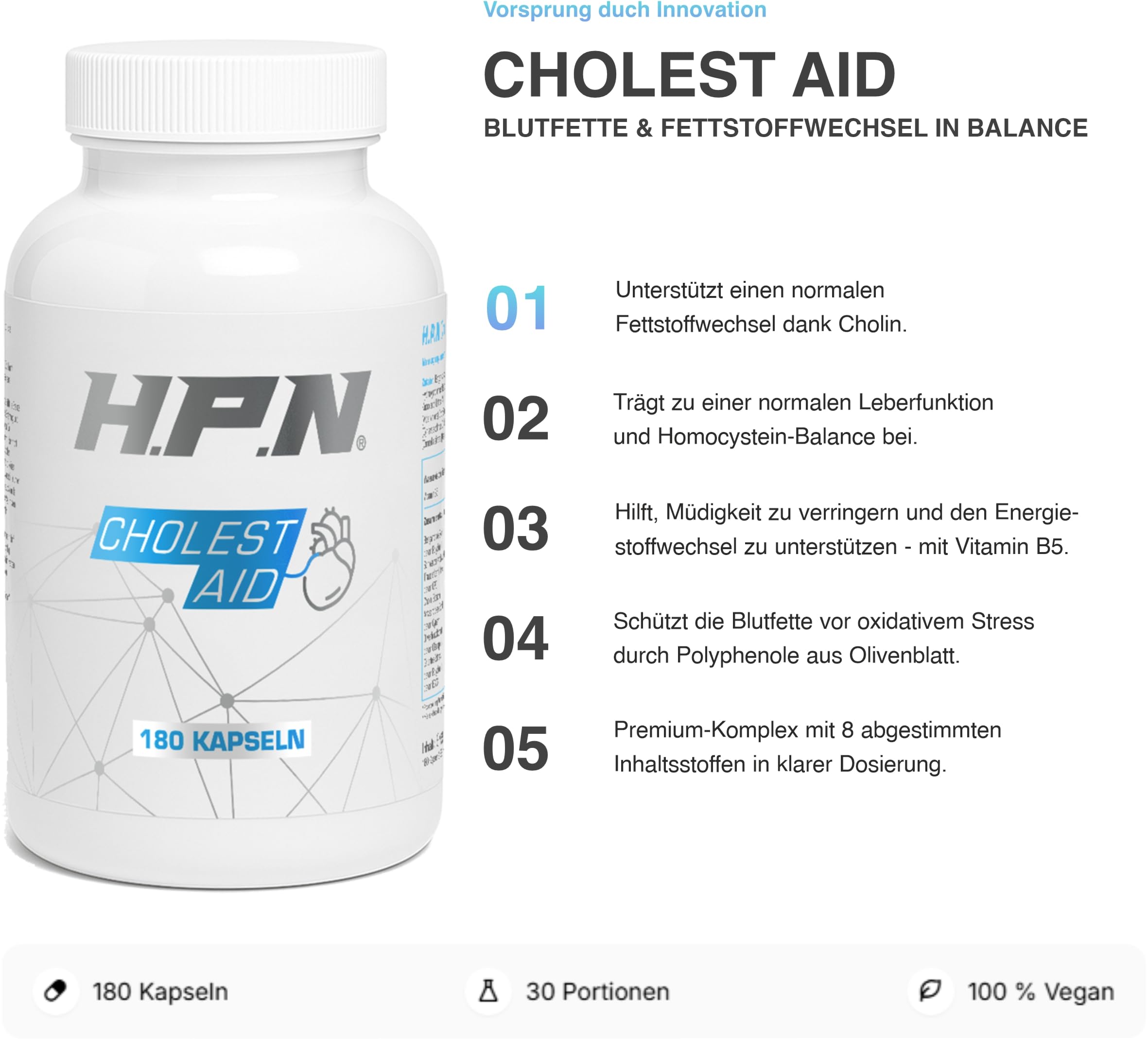 H.P.N - Cholest Aid | Cholesterin Unterstützung | Synergetischer Komplex mit Bergamotte, Olivenblatt, schwarzem Knoblauch & Cholin | Unterstützung der Cholesterinwerte & Leberfunktion - 180 Kapseln