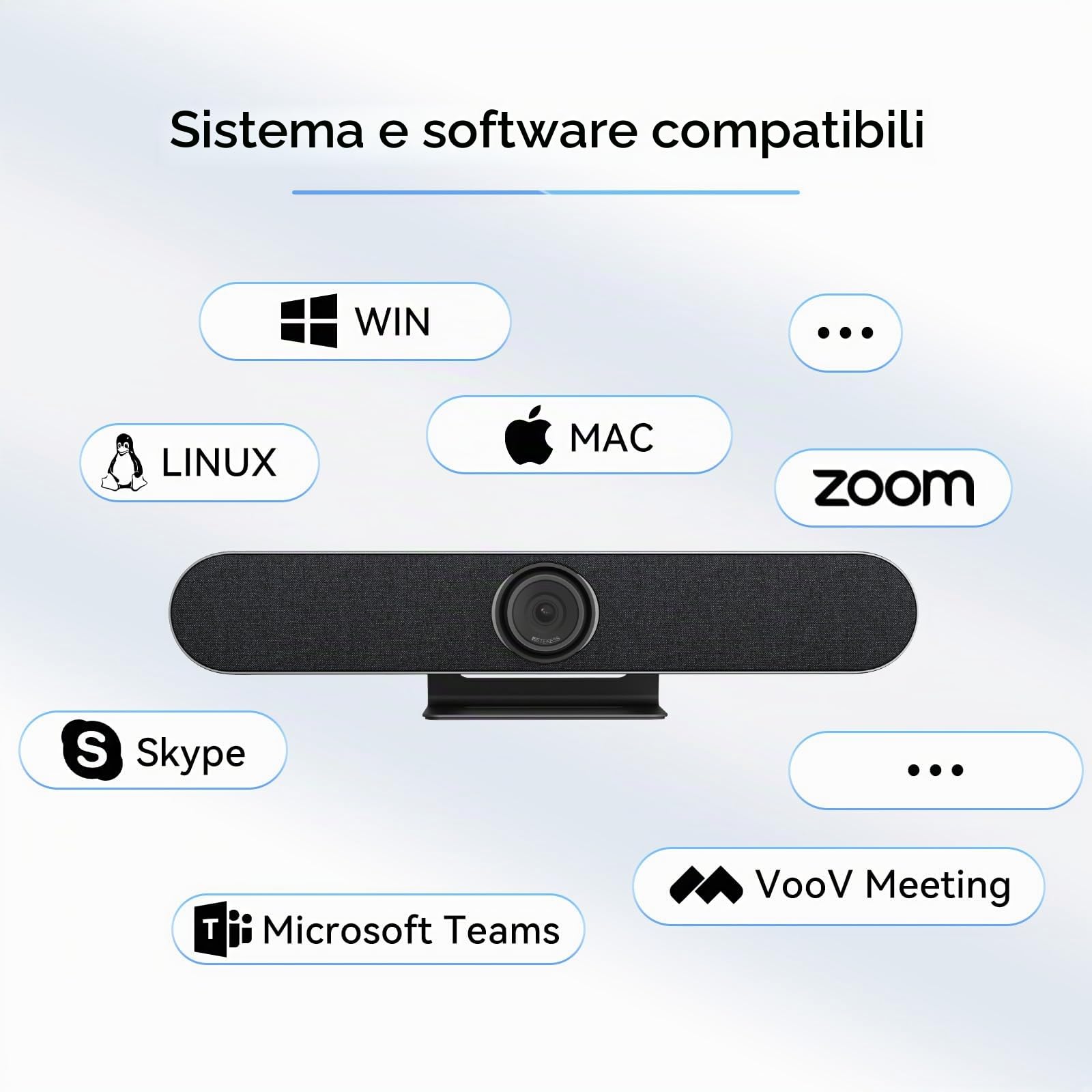 Retekess TC201 Videoconferenza con Microfono, Webcam conferenza PTZ 4K, Array di 4 Microfoni, Tech di Elaborazione 3A, Ai Tracciamento Degli Altoparlanti, per Sala Riunioni da 6-12 Persone