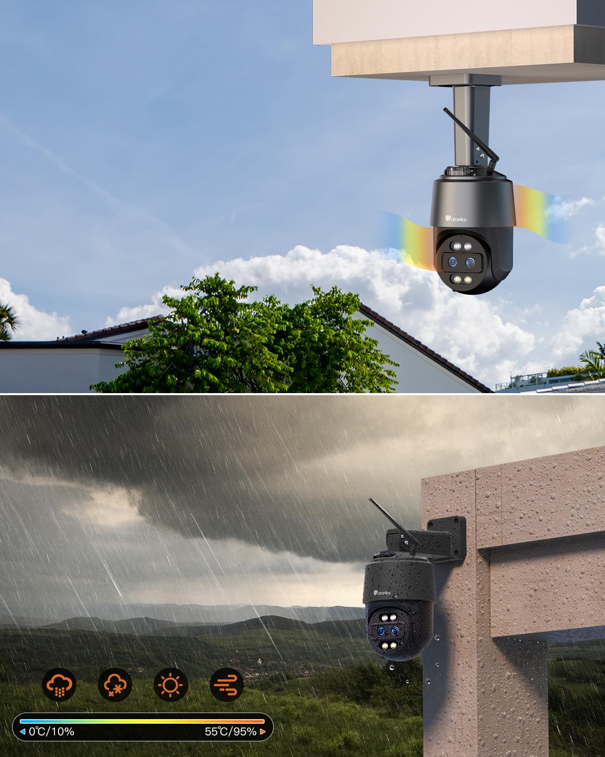 Ctronics 4K Zoom Ibrido 10X Telecamera, Doppio Obiettivo, WiFi 2,4/5GHz | Tracciamento e Zoom Automatici, Rilevamento di Persone/Veicoli/Animali, 256GB TF/Cloud/FTP/NAS, 35m Visione Notturna a Colori