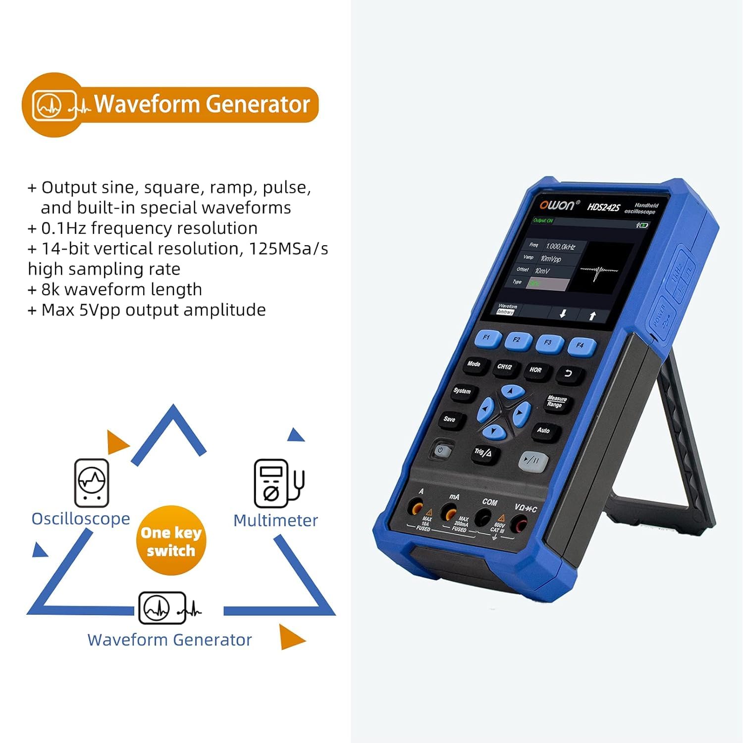 Osciloscopio digital portátil para automoción, 2 canales, ancho de banda de 40 MHz, frecuencia de muestreo de 250 MSa/s, 20 000 cuentas, 3 en 1, voltaje, corriente y condensador (HDS242S)