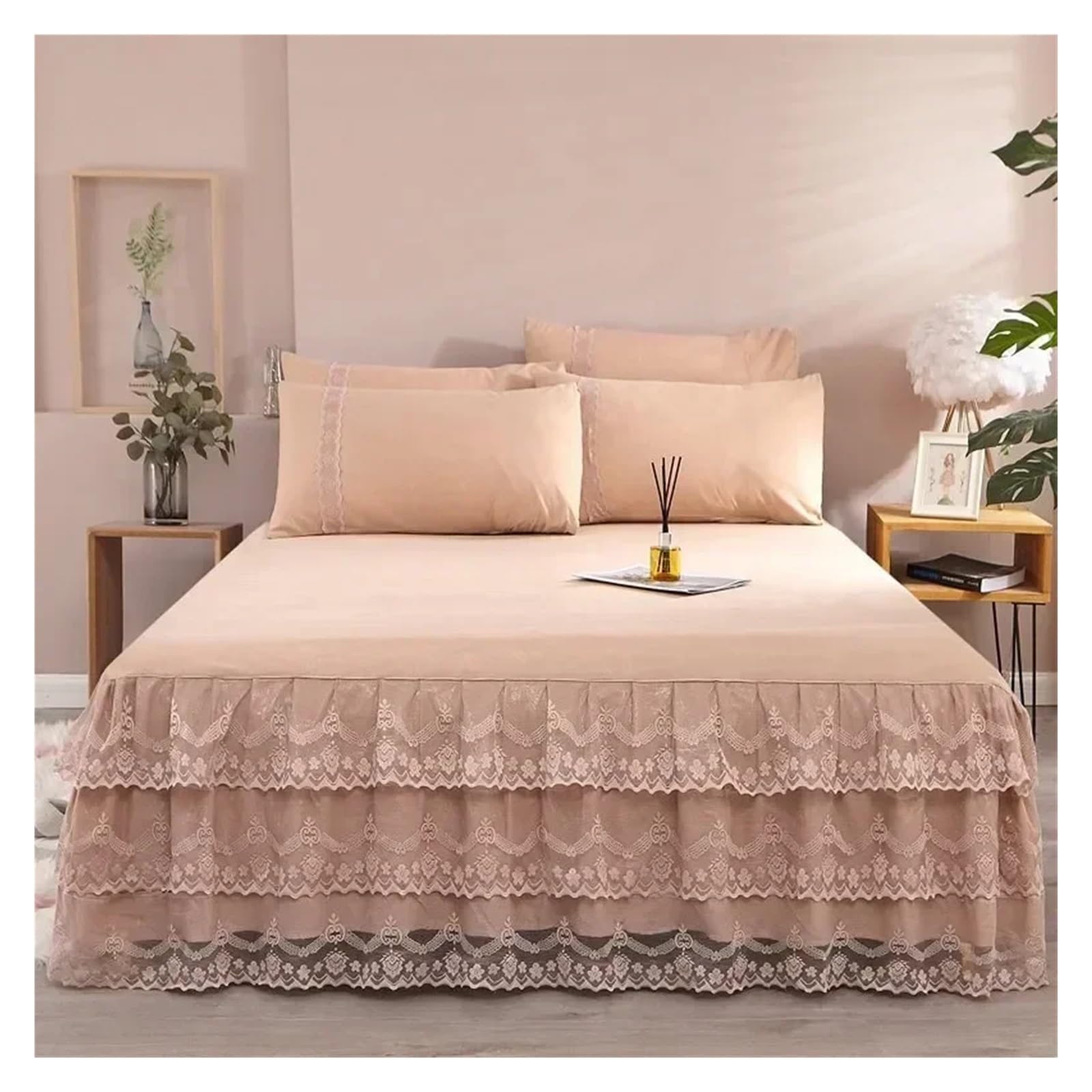 Falda de Cama de 3 Capas, Falda de Cama con Volantes de Encaje, Funda de Cama for Dormitorio, Falda de Cama, Funda de colchón Antideslizante, sábana, Colcha, 1 Unidad(Khaki,1pc 150cmx200cm)