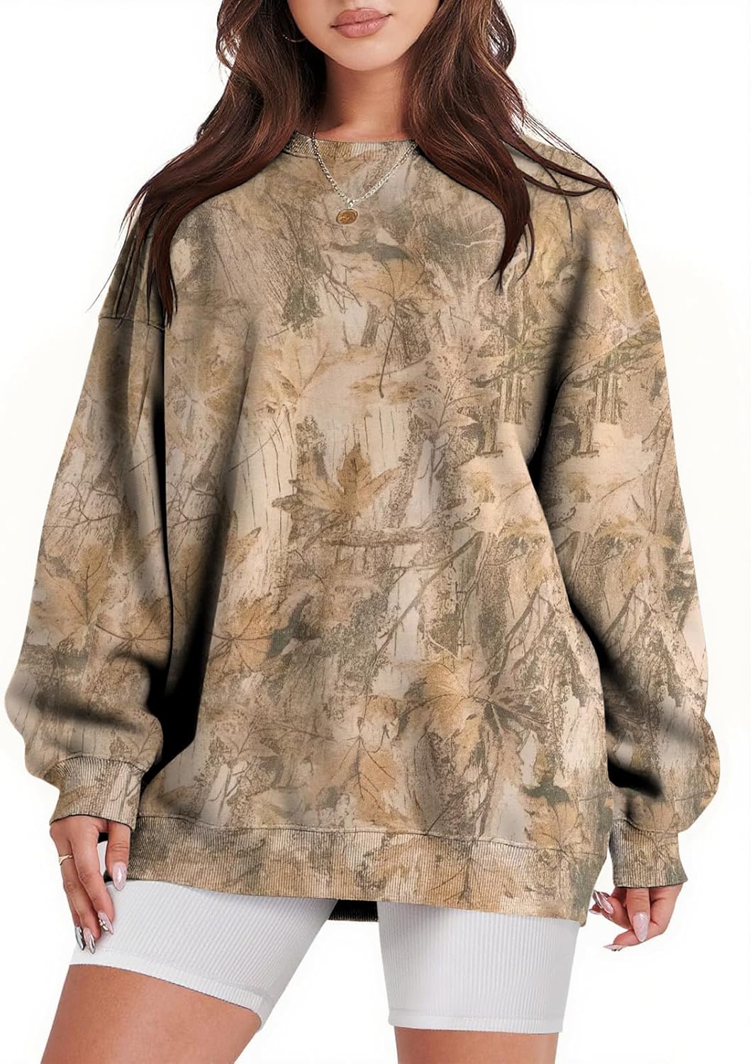 Womens Camo Sweatshirt Maple Leaf Print Oversized Camo Crewneck Sweatshirt Fleece Pullover Hoodies Long Sleeve
