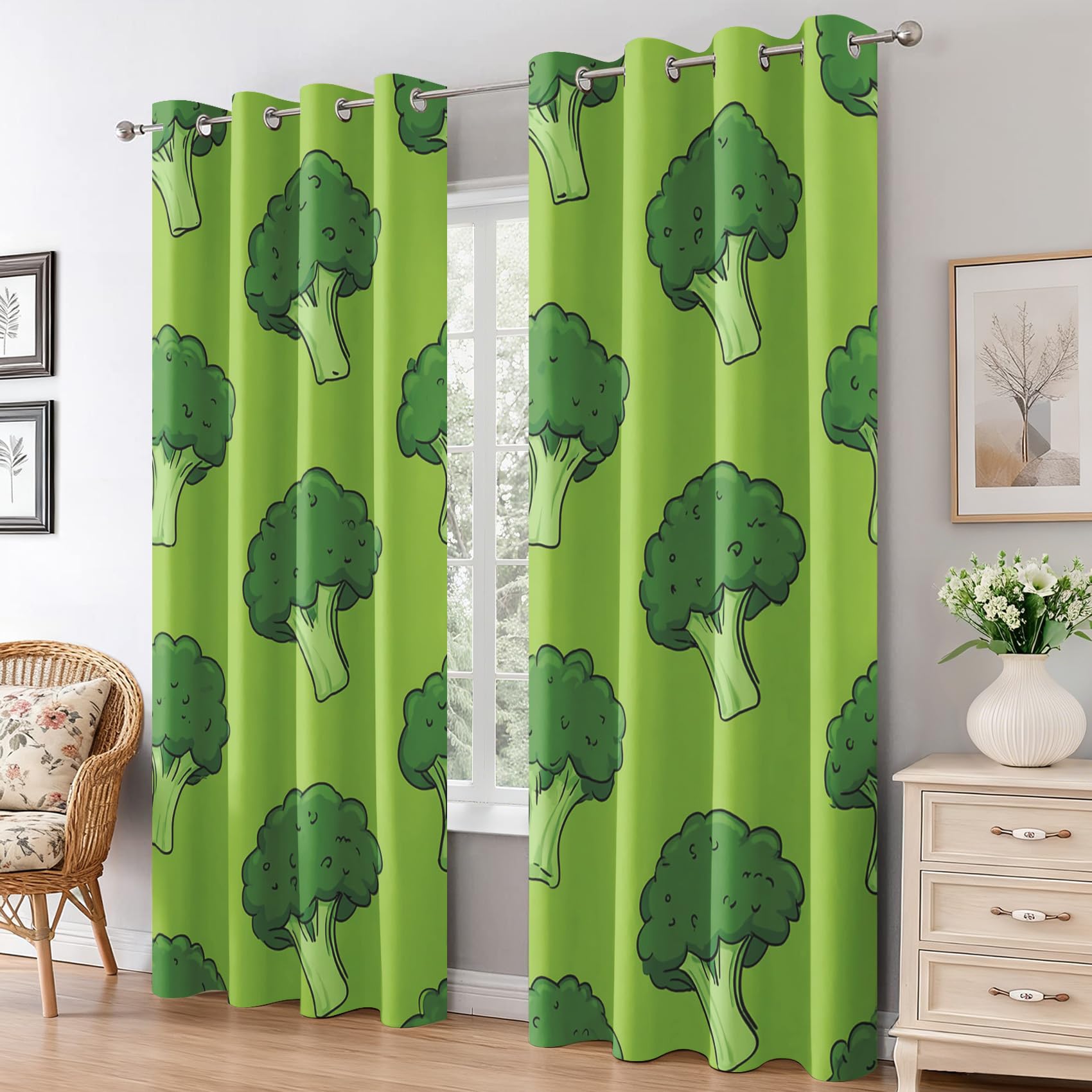Generisch Blickdichte Vorhänge Brokkoli, Verdunklungsvorhänge Brokkoli Grün Gemüse Gardinen mit Ösen, Vorhang Wohnzimmer Schlafzimmer Fenster Deko, H220 x B140 cm 2er Set