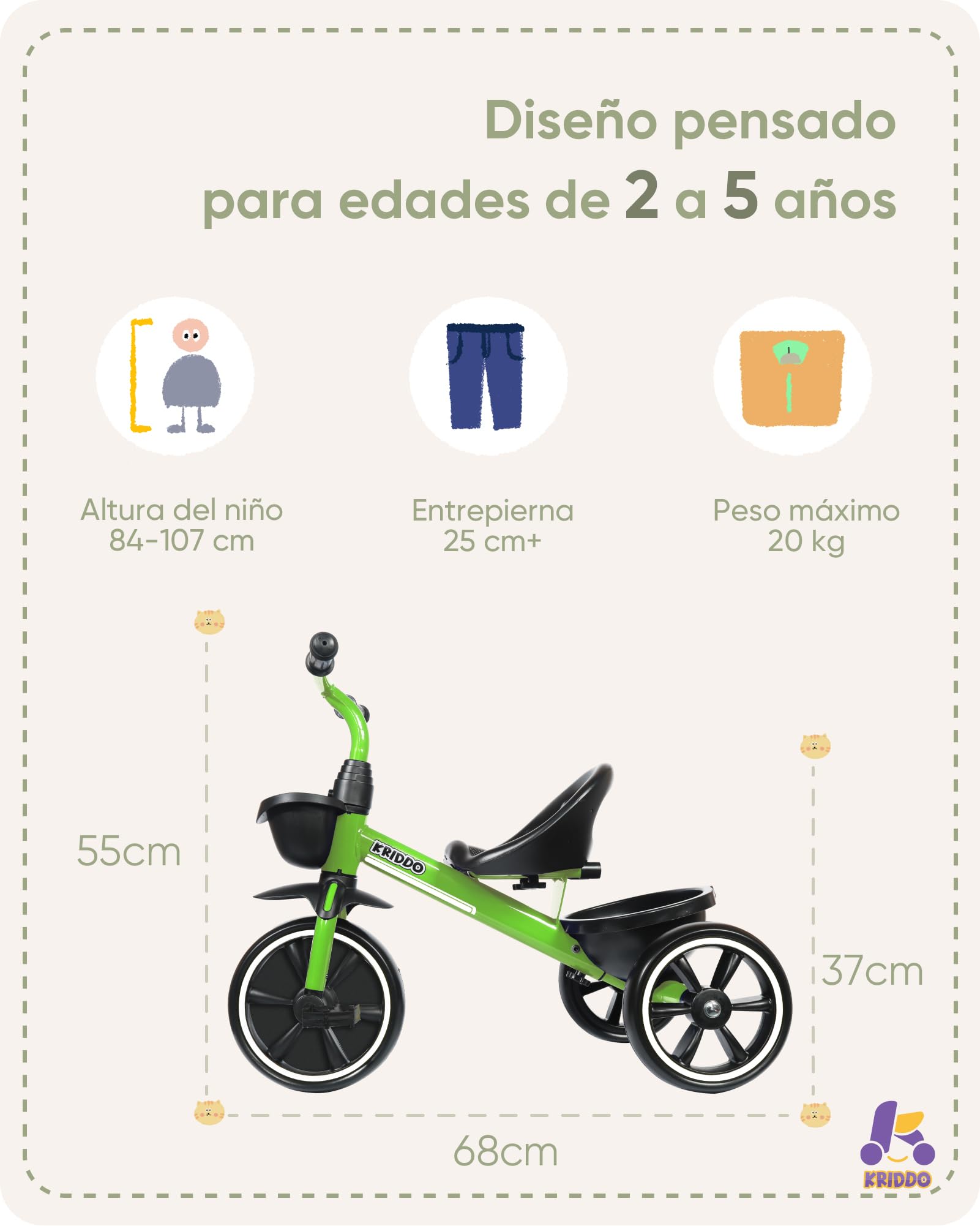 KRIDDO Triciclo Infantil para Niños de 2 a 5 Años, Triciclo para Niños y Niñas con Diseño Antivuelco, Asiento Ergonómico, Ruedas Silenciosas y Cesta, Regalo Infantil, Verde