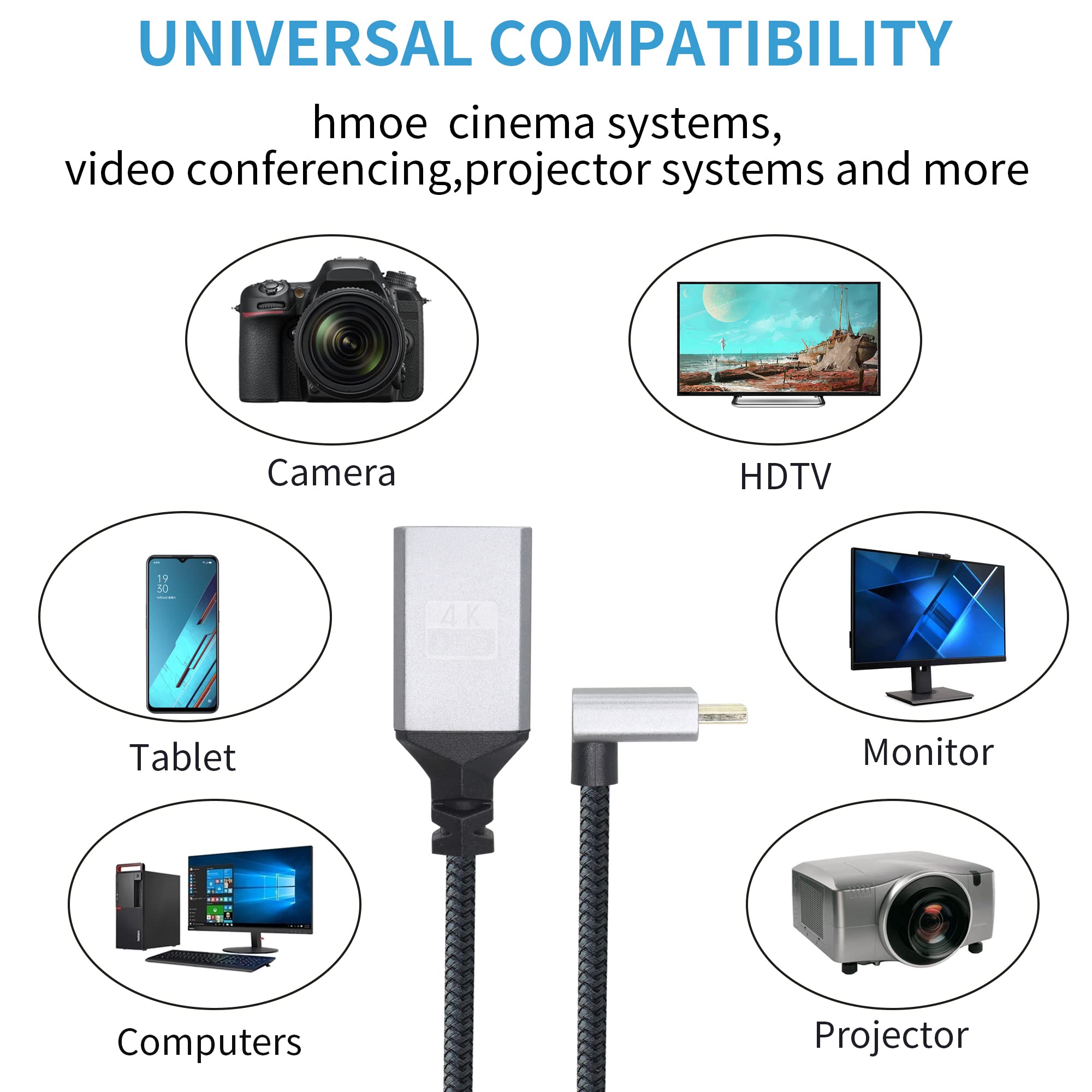 Cavo adattatore da micro-HDTV a HDTV 4K, angolo di 90 gradi, micro maschio a HDTVS femmina, cavo corto in nylon intrecciato in alluminio, supporta 4K UHD, per laptop, TV(20 cm)