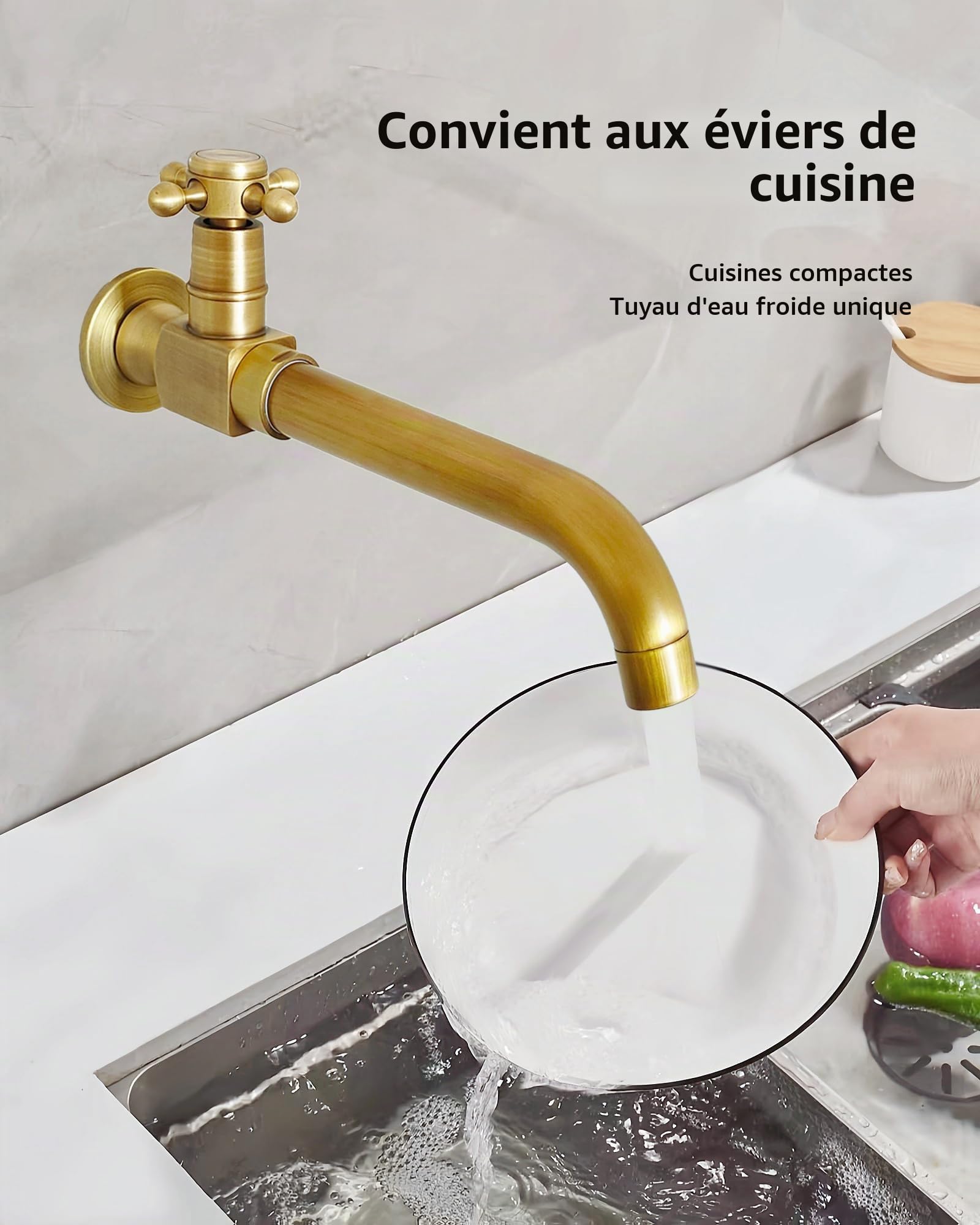 Robinet D'Eau Froide Mural Laiton Antique Pivotant 360°, 24cm | Robinet Monocommande Mural Lavabo Long Laiton pour Salle de Bain Jardin Balcon Terrasse Extérieur Maison Hôtel