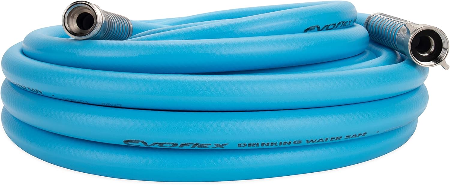 Camco EvoFlex 50-Foot Drinking Water Hose | Features an Extra Flexible Construction, Stainless Steel Strain Reliefs on Each Hose End, and is Ideal for RV and Marine Use (22596) Blue
