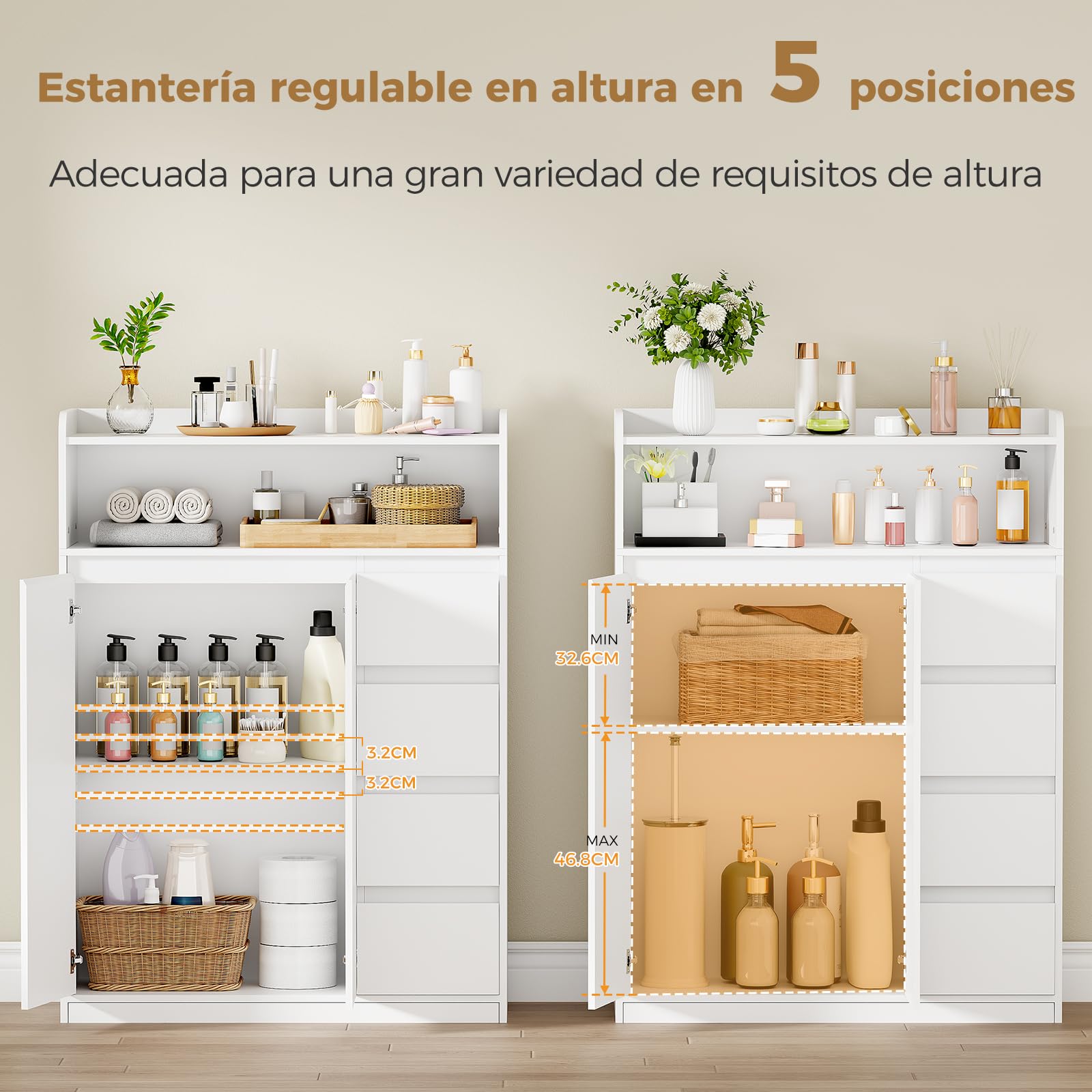 ANWBROAD Armario de Baño, Armario de Baño Moderno con 4 Cajones | 110 × 80 × 30 cm 2 Puertas y Estantes Ajustables, Cómoda para Baño, Salón, Cocina, Blanco, SBC015W