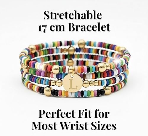 Miniatura 4 de Juego de 4 pulseras con iniciales de cuentas de colores, joyería apilable personalizada, pulseras elásticas ajustables para mujer, juego de pulseras