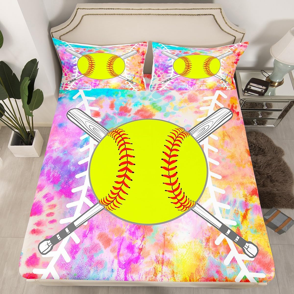 Feelyou Softball Fitted Sheet Twin Size Kids Baseball Bedding Set for Boys Girls Teens Baseball Gaming Tie-Dye Bed Sheet Set Sports Theme Bed Cover Deep Pocket