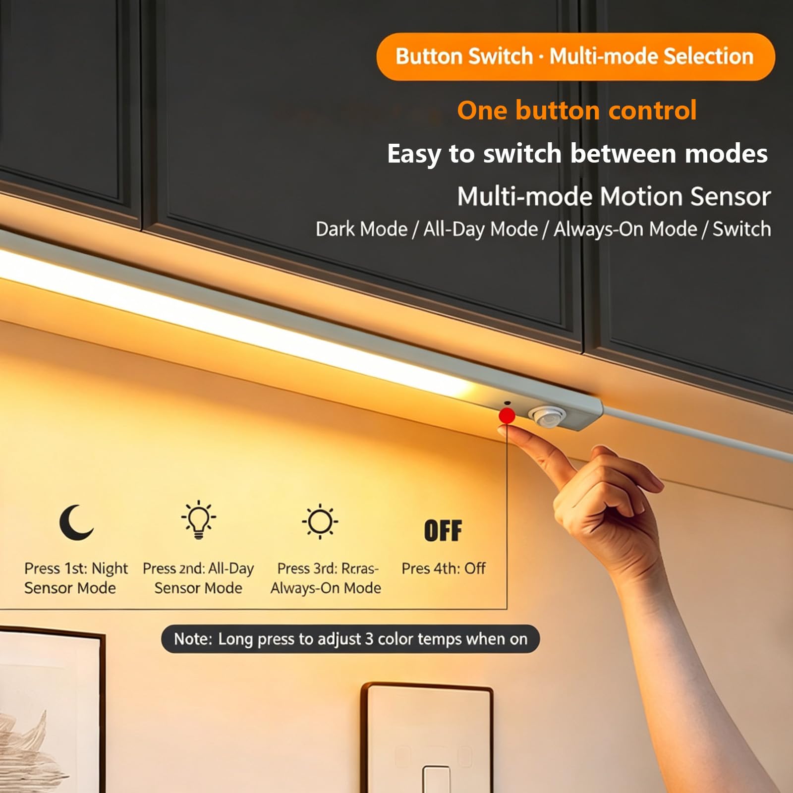 Applique da Parete LED Interno 2700K/4500K/6500K Lampada da Parete con Sensore di Movimento Lampada a Muro con Interruttore e Spina per Armadi Scaffali (Nero,120cm)