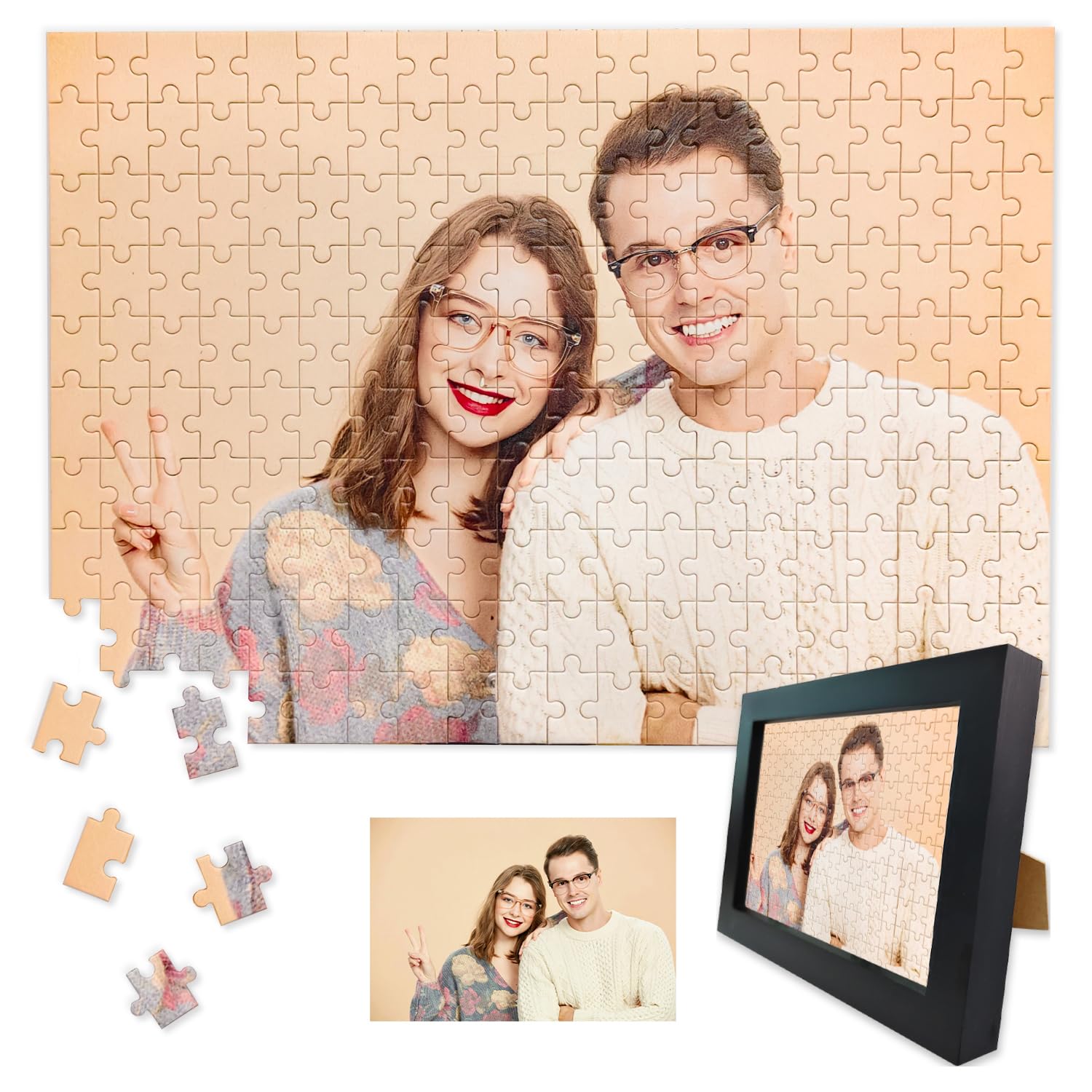 Custom Jigsaw Puzzle 300 Pieces(38x26cm Framed), Personalised Wooden Puzzles with Your Own Photos, Gifts for Dog, Cat, Kids, Family, Wedding, Graduation