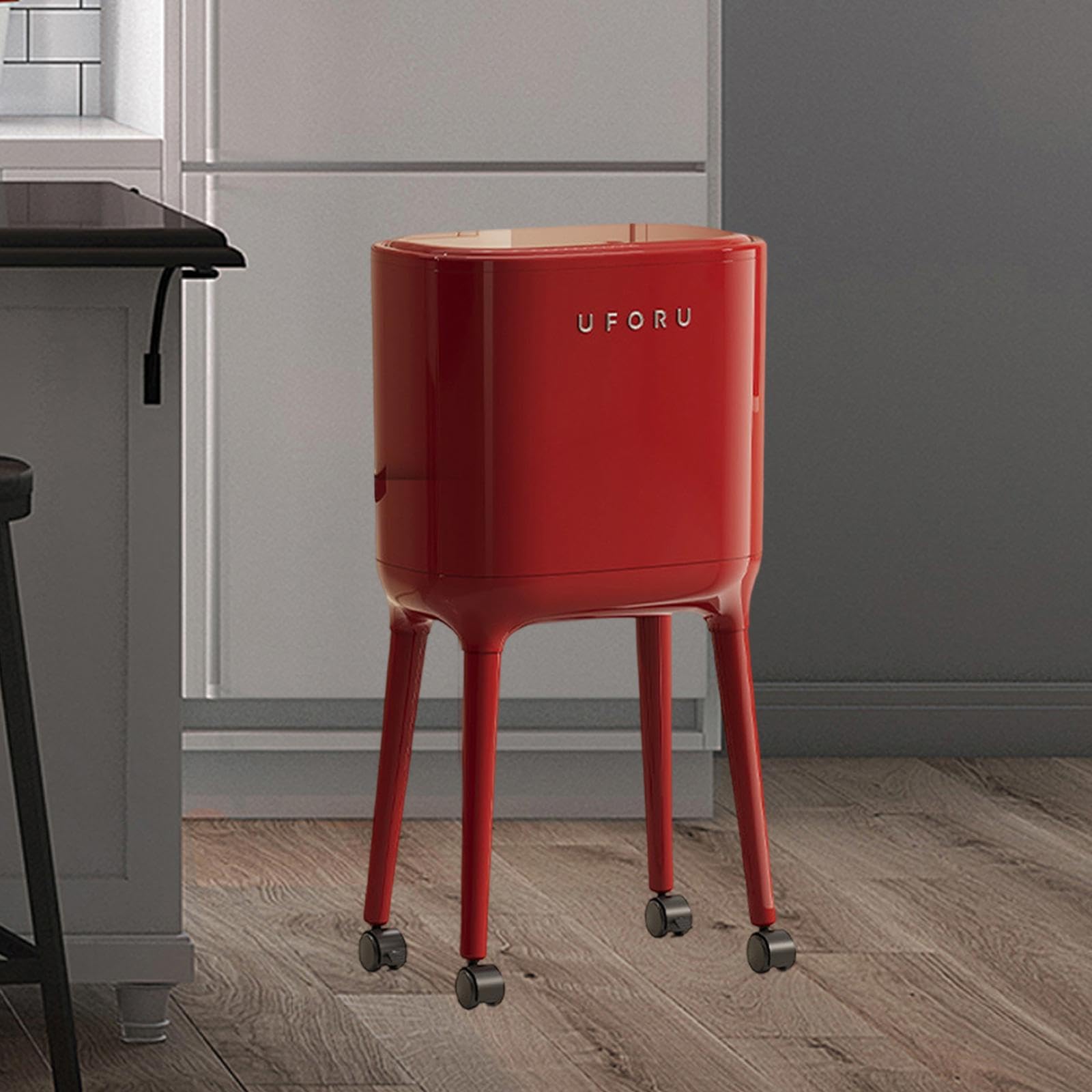 Cestino con Coperchio E Ruote, Grande Pattumiera, Cestino Ergonomico per La Carta, Contenitore Multifunzionale per Rifiuti in PP per Cucina, Soggiorno, Rosso