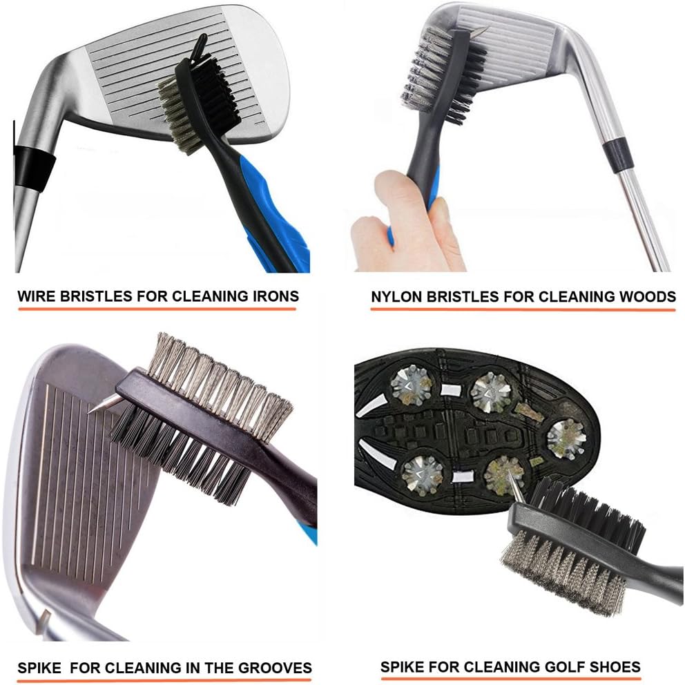 2 Pack Golf Club Brush and Groove Cleaner Brushes, 2 Feet Retractable Zip-line Aluminum Carabiner