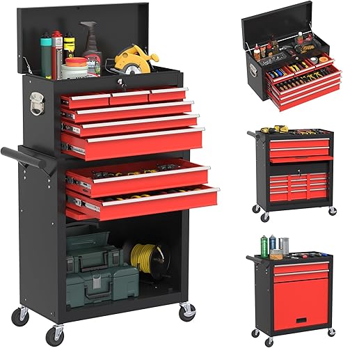 Miniatura 10 de Caja de herramientas con ruedas, caja de herramientas de alta capacidad de 8 cajones con ruedas, caja de herramientas de almacenamiento extraíble