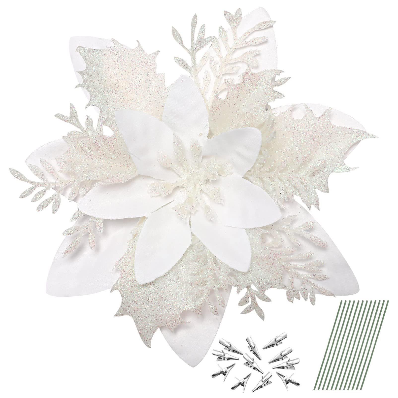 12 Pcs Glitter Poinsettia Flowers - Christmas Tree Decorations With Clips & Stems, Red Gold Silver