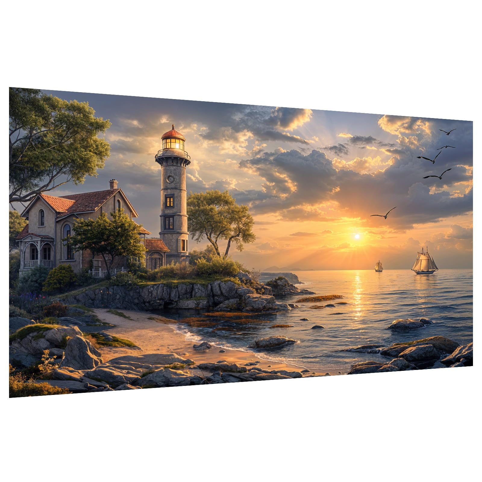 HeeBenor Large Diamond Art Kit for Adults, 5D Lighthouse Painting Kit, DIY Full Drill Sunset, Gem Art Kit for Home Wall Decor 27.5 X 15.7 Inch