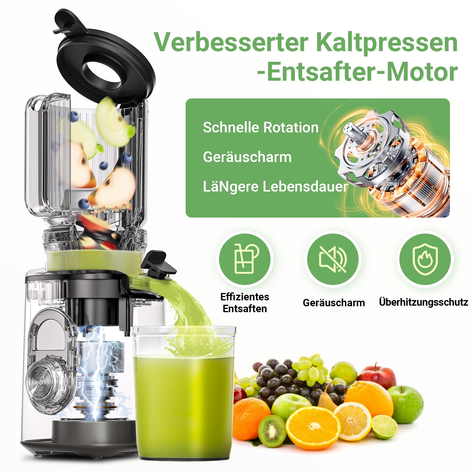 AAOBOSI SlowJuicer für Gemüse und Obst,Hohe Saftausbeute, Saftpresse Elektrisch mit Rückwärts Funktion,Leicht zu Reinigen，BPA-Frei