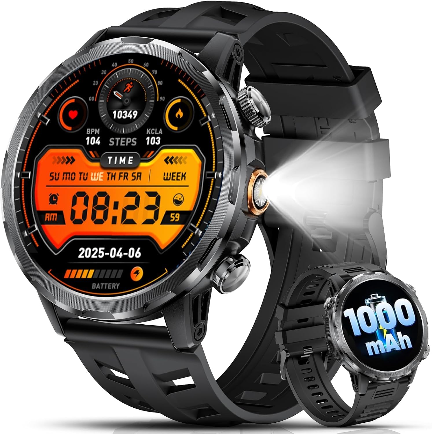 BENYAR Reloj Inteligente Hombre con 1000mAh/Linterna/1.7'' HD Grande Smartwatch Hombre con Llamadas/Doble Carga/IP68 Impermeable/100+ Modos Deportivos/Pulsómetro/Sueño/Pulsera Actividad Android iOS