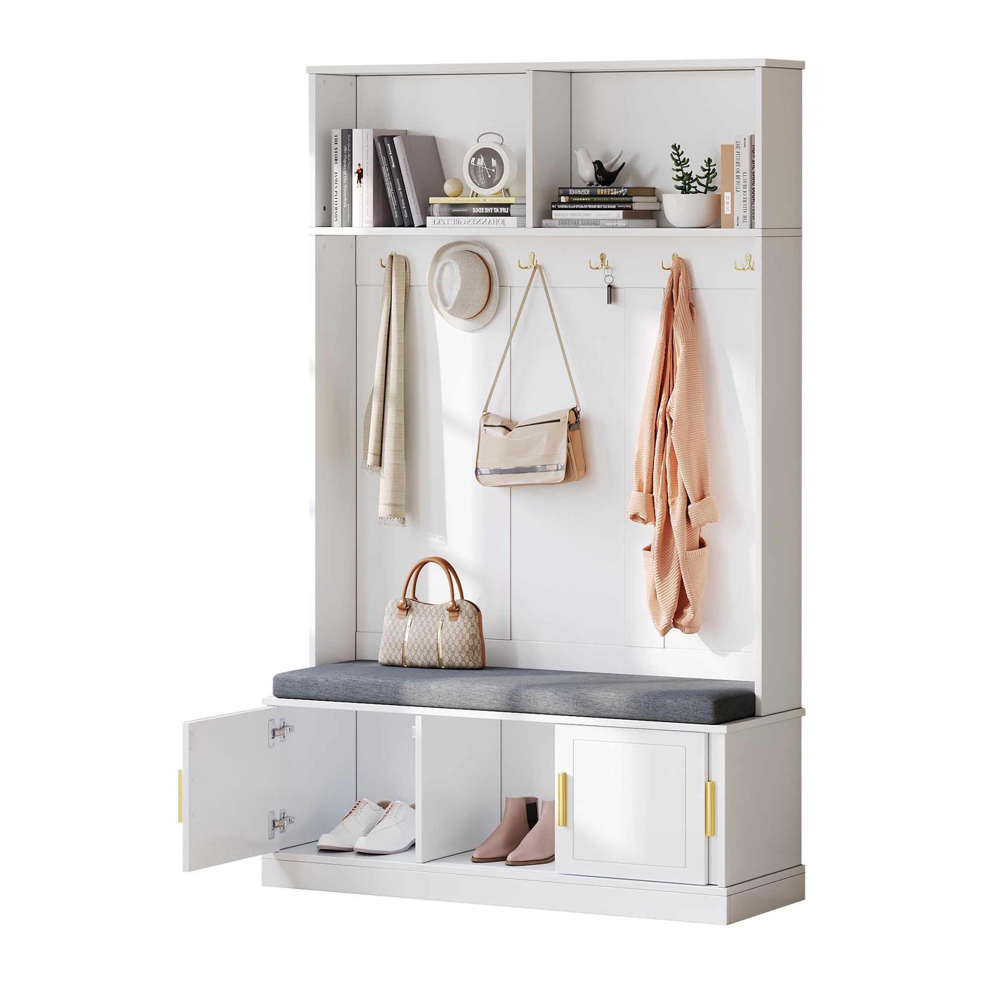 Vestiaire D'EntréE avec Banc Et Rangement à Chaussures, Meuble D'EntréE avec 6 Crochets Triples, Porte-Manteau Multifonctionnel en Bois avec Tabouret Rembourré pour L'EntréE Ou Le Couloir