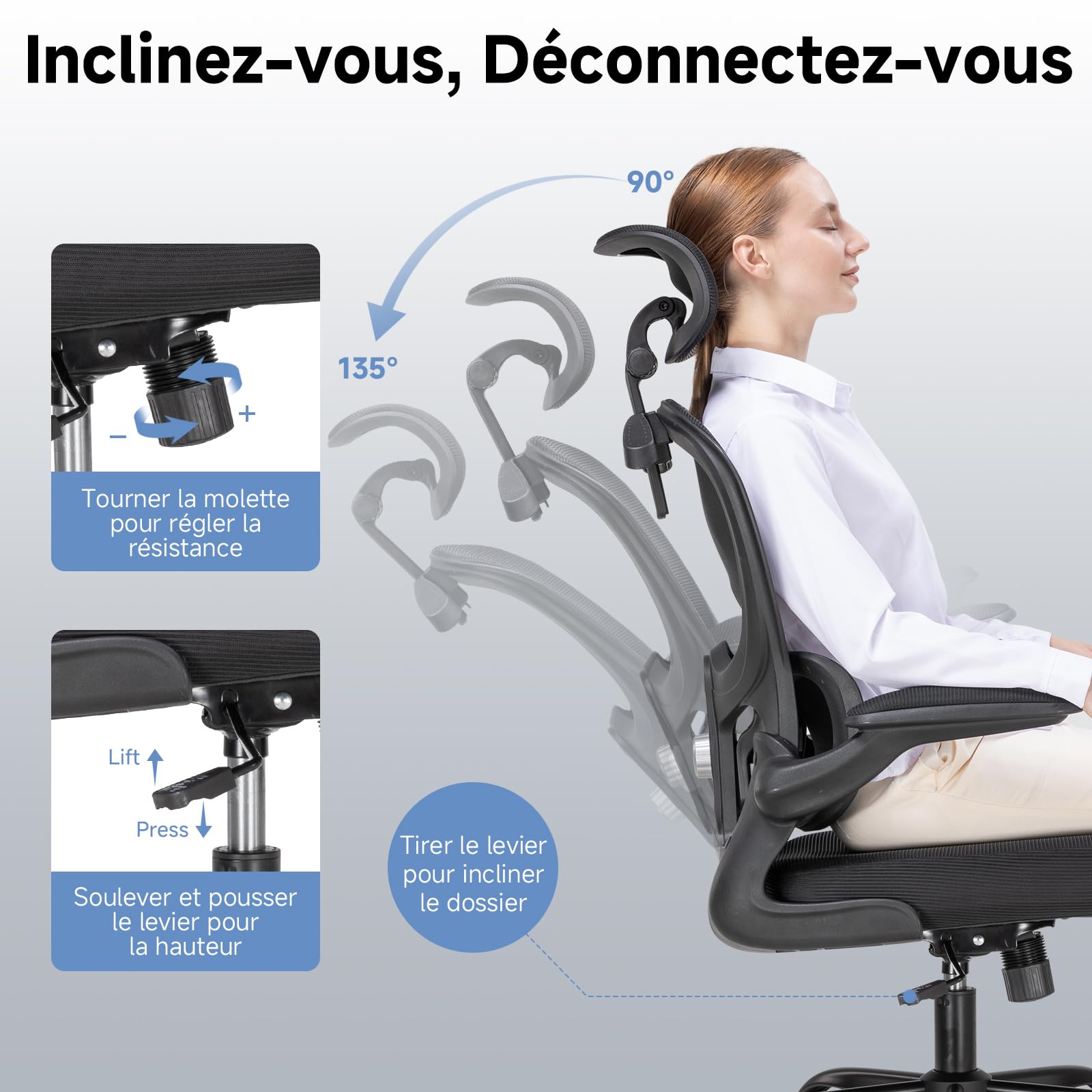 COMHOMA Chaise de Bureau Ergonomique, Fauteuil avec Appui-tête 3D et Support Lombaire, Design Intégré avec Porte-vêtements, Accoudoirs Rabattables, Siège Rembourré en Maille Respirante