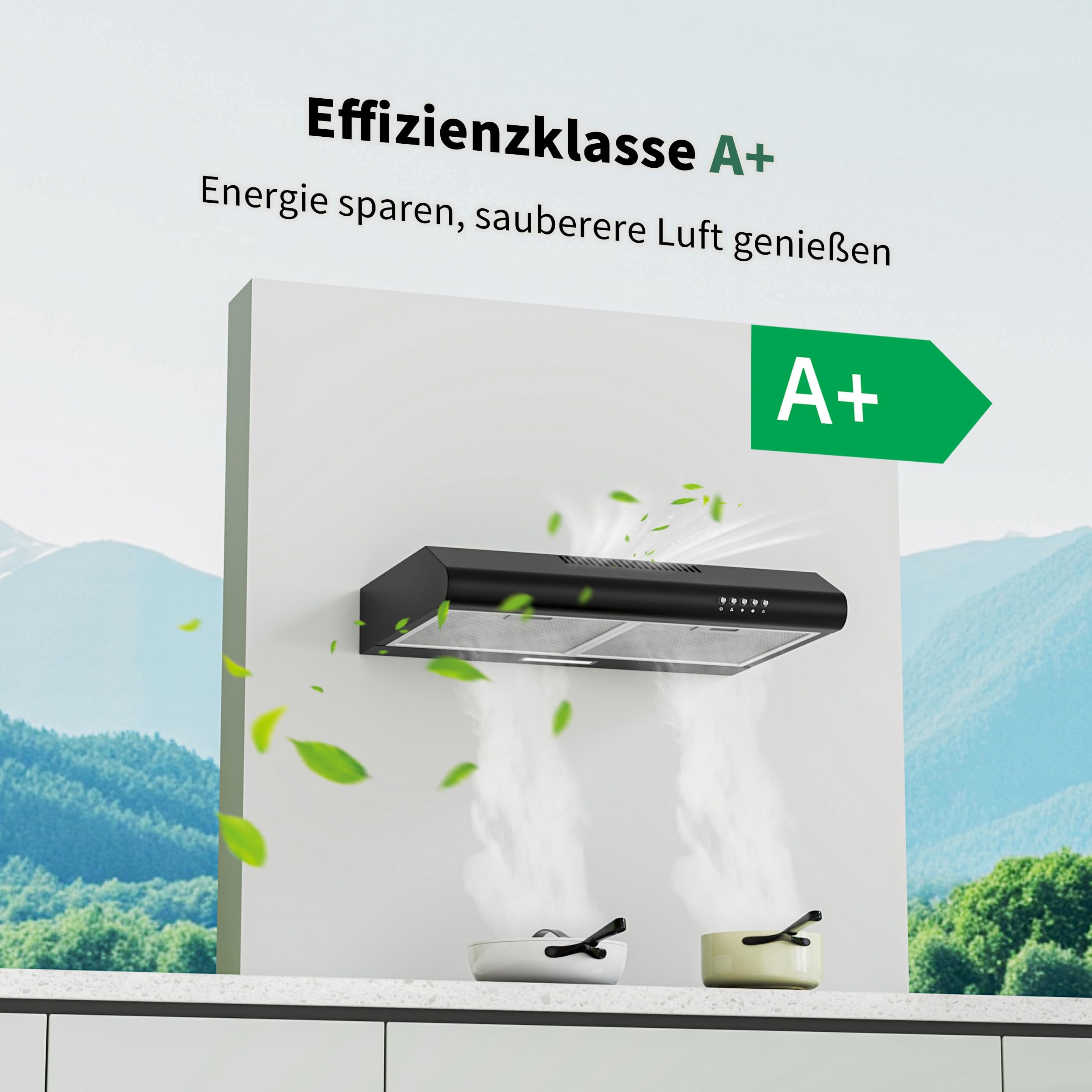 FIREGAS Dunstabzugshaube 60 cm, Umluft- und Abluftbetrieb, 250 m³/h, 3 Leistungsstufen, inkl. Kohlefilter, LED-Beleuchtung, Schwarz