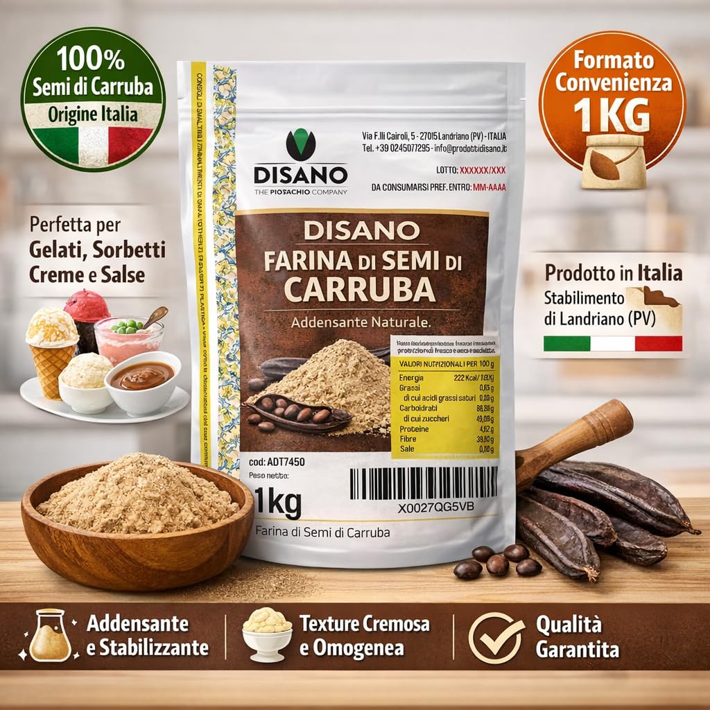 Farina di semi di carruba, 1 kg, origine Italia, uso come addensante/stabilizzante per gelati, sorbetti, condimenti e salse. Disano